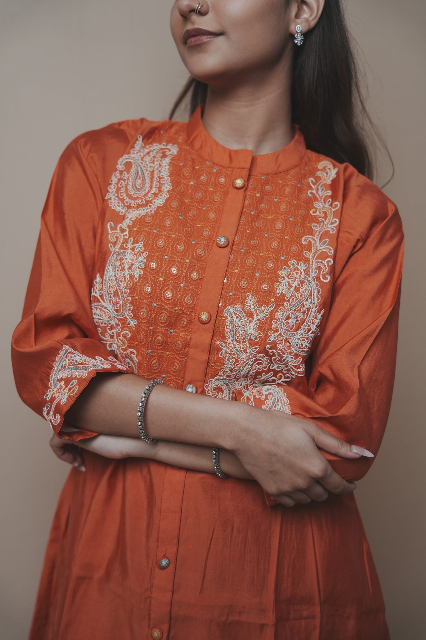 Rust Orange Silk Co-ord Set with Anchor Thread Embroidery