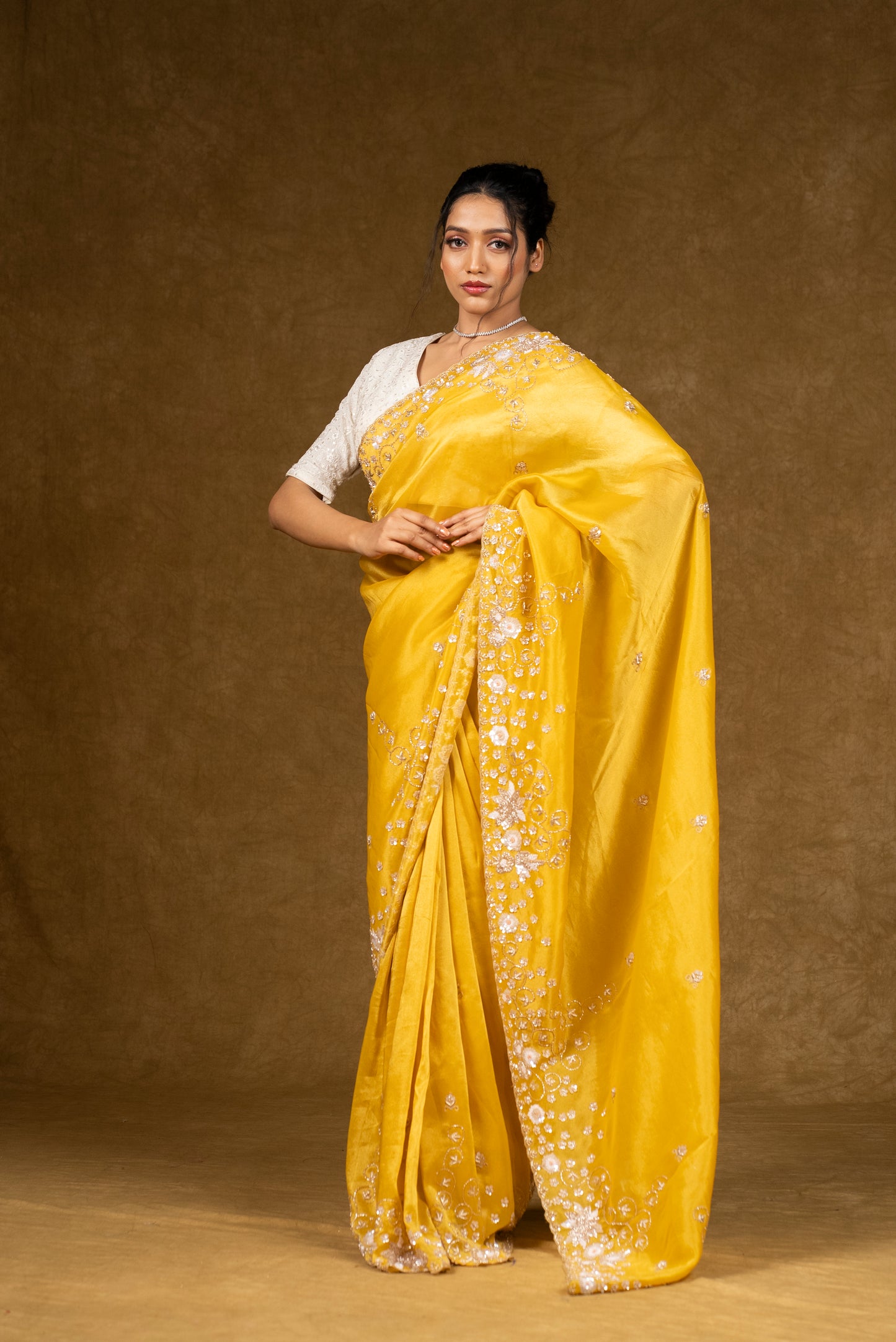 Yellow Silk Saree with Floral Sequins Work