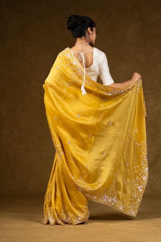 Yellow Silk Saree with Floral Sequins Work
