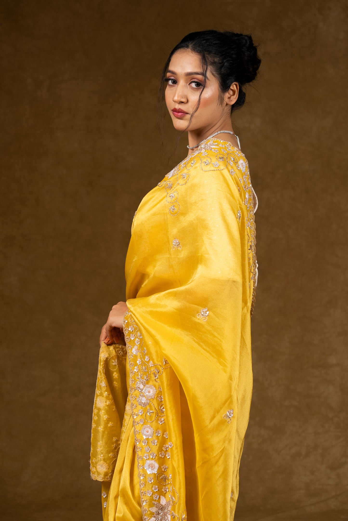 Yellow Silk Saree with Floral Sequins Work