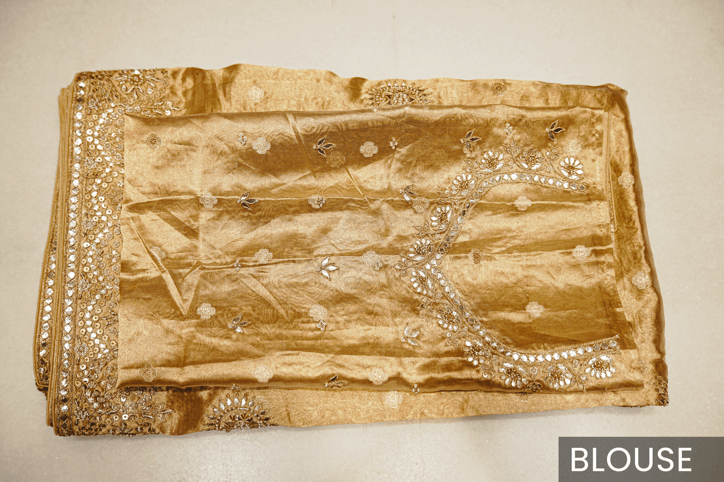 Golden Tissue Saree with Gota and Zardozi Handwork