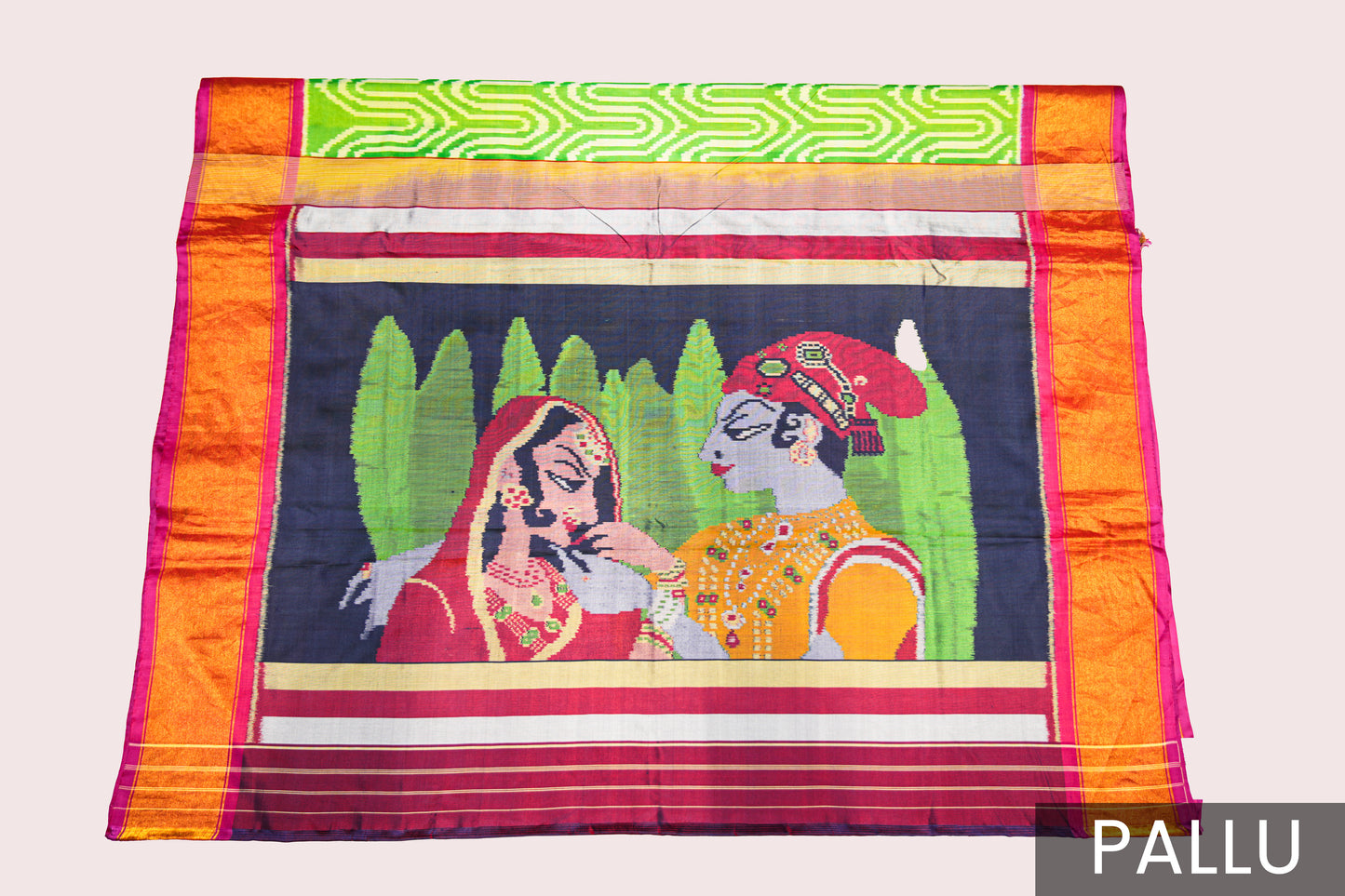 Rajkoti Patola Silk Saree Featuring Bold Designer Pallu and Contrast Green Ikat