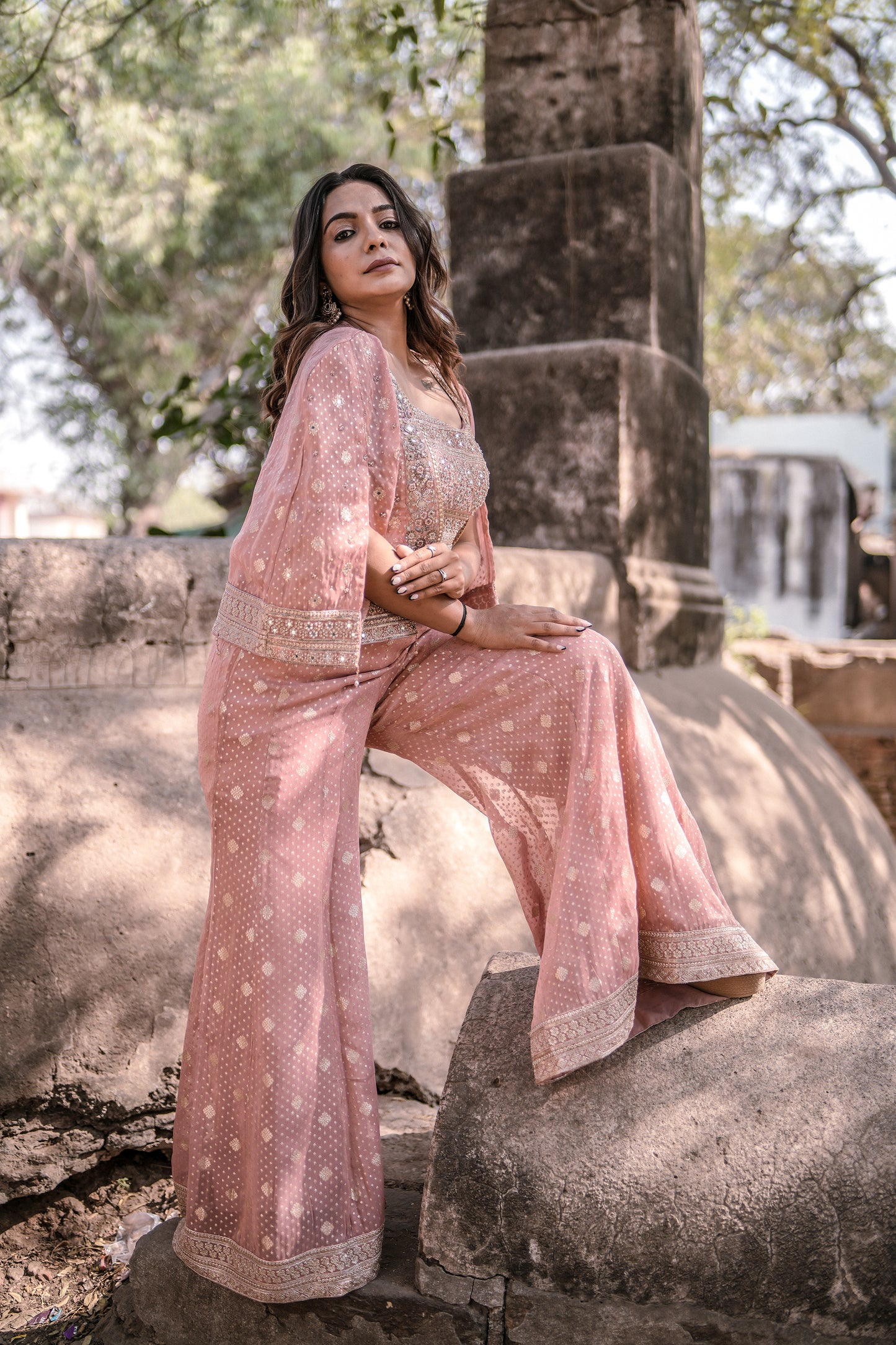 Blush Glow Banarasi Shimmer Palazzo Set with Jacket
