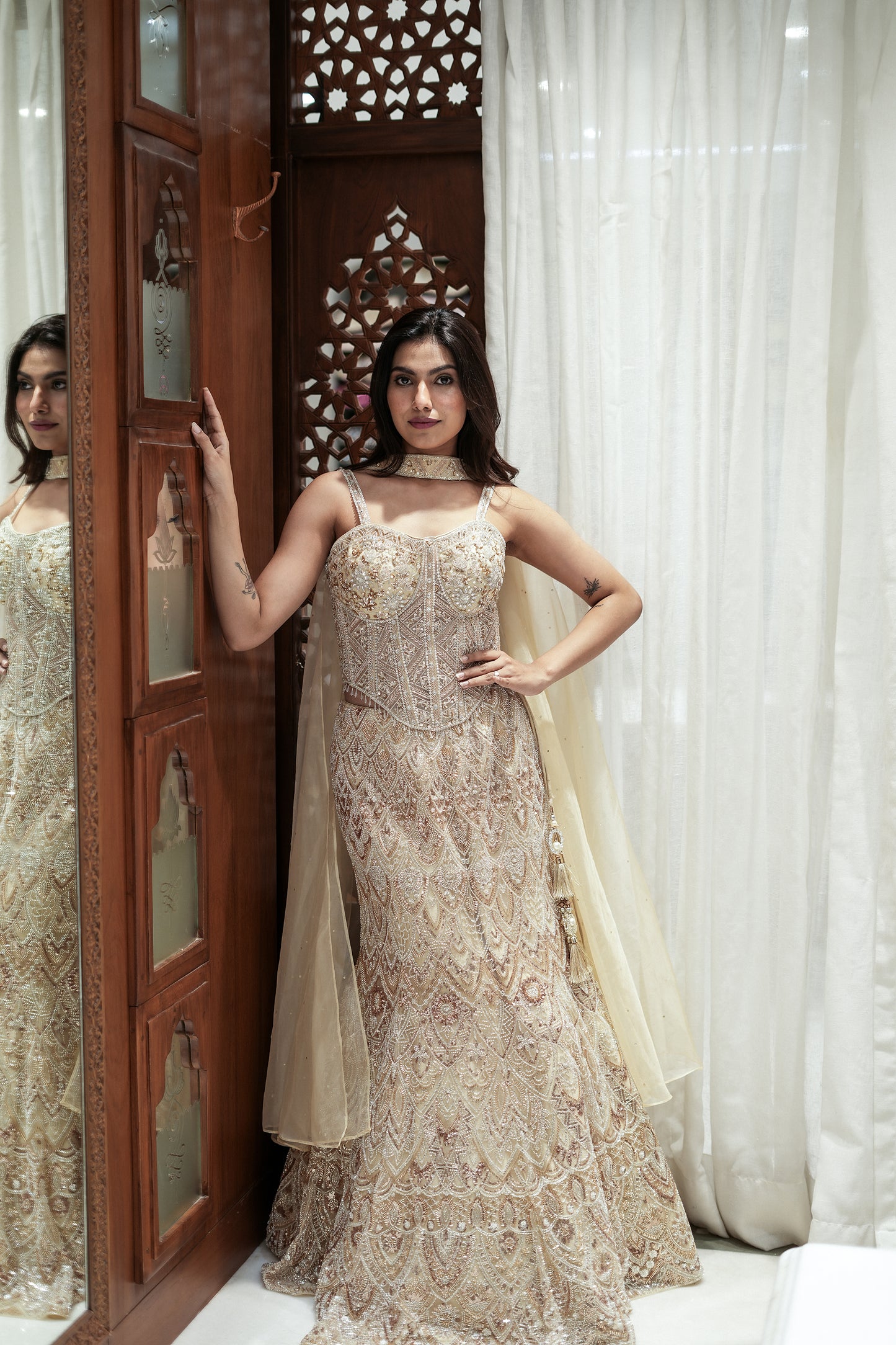 Ivory Luxe Fish-Cut Lehenga with Corset Choli