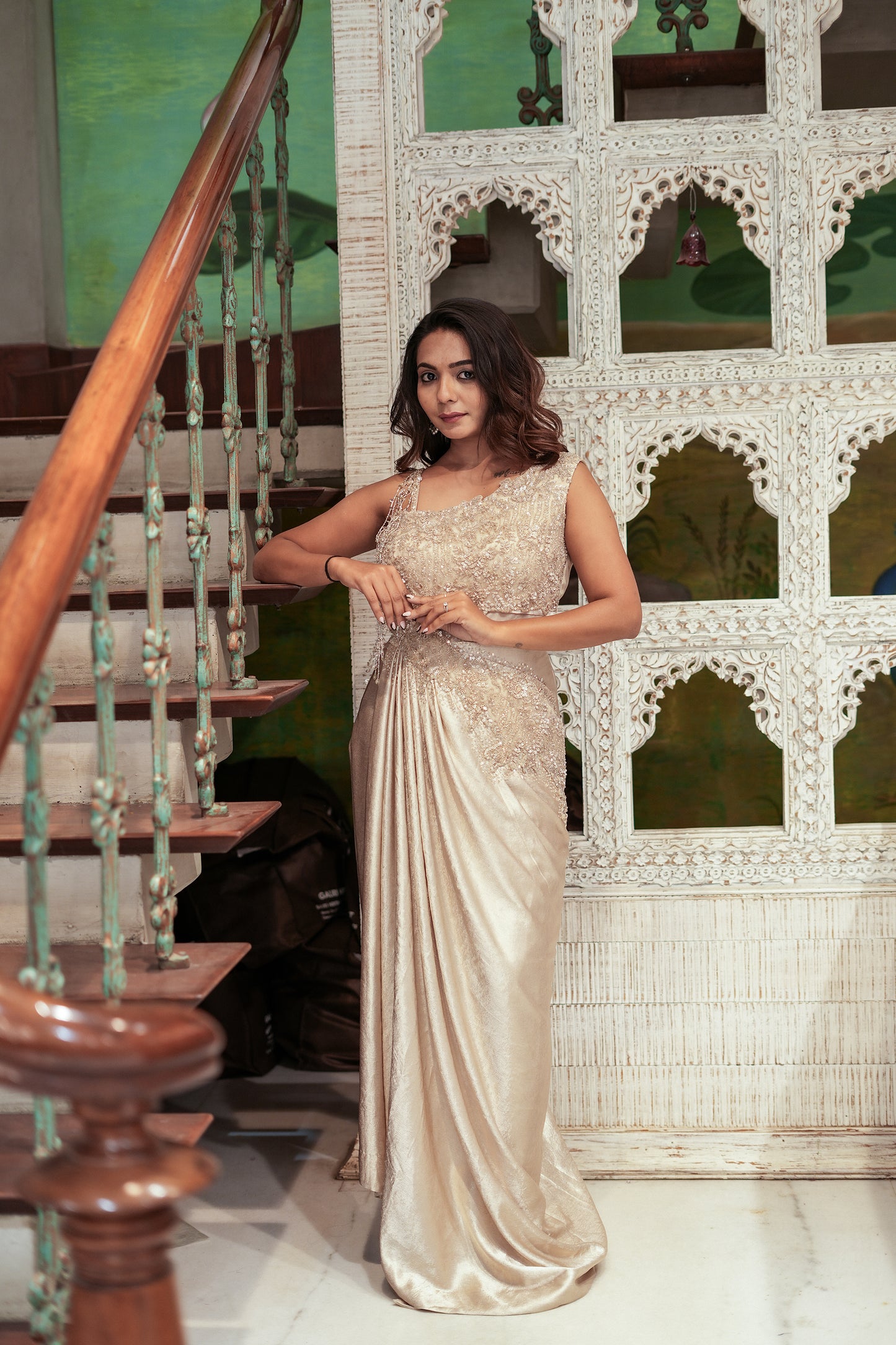 Champagne Elegance Brasso Silk Handwork Gown