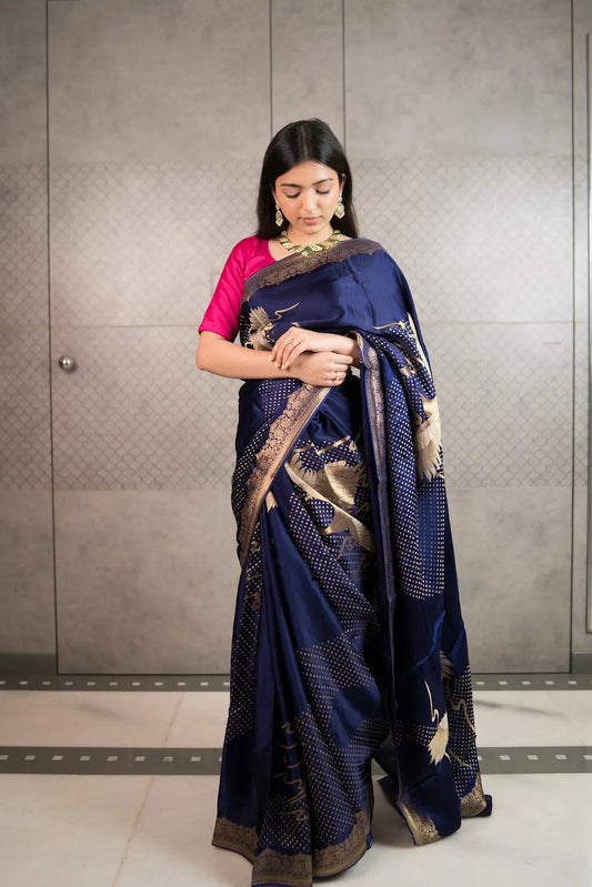 Royal Navy Art Crepe Saree with Fancy Printed Design & Zari Accents