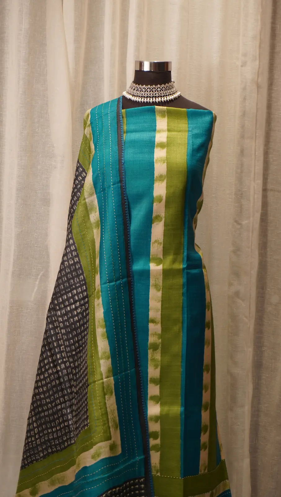 Teal Elegance Tussar Silk Dupatta with Block Prints & Thread Work