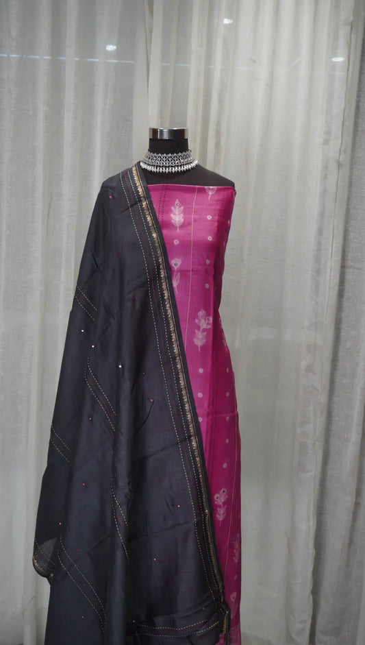 Rose Glow Tussar Silk Shibori Dupatta with Thread Work