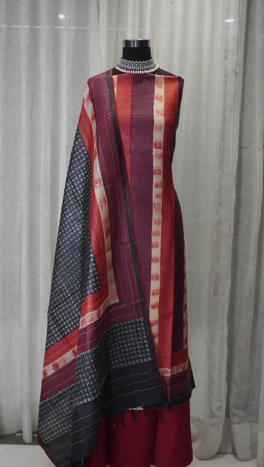 Maroon Charm Tussar Silk Dupatta with Block Prints & Thread Work