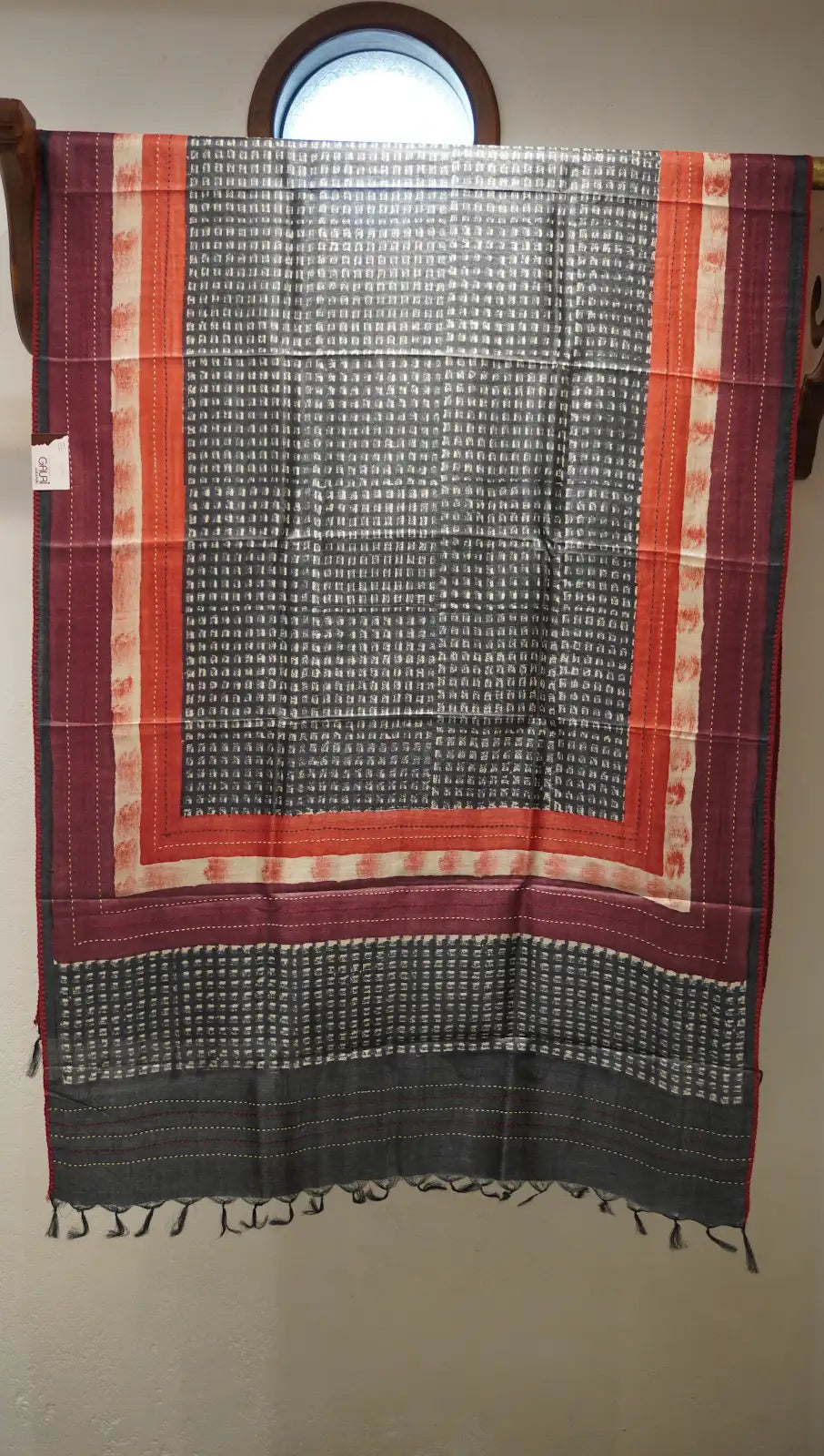 Maroon Charm Tussar Silk Dupatta with Block Prints & Thread Work