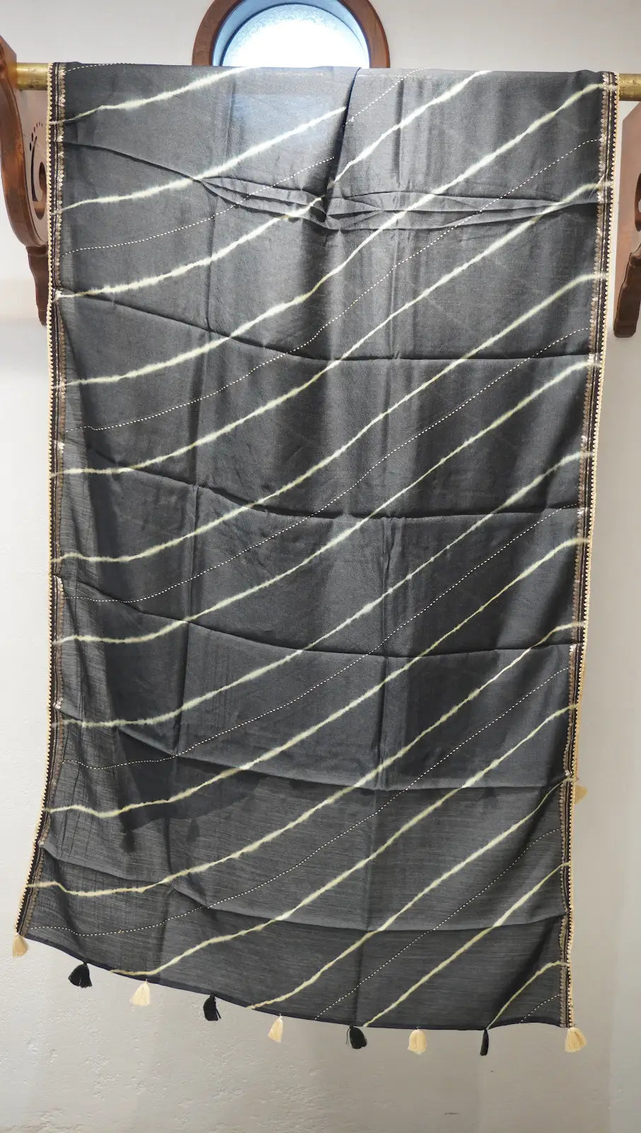 Midnight Bloom Tussar Silk Leheriya Dupatta with Thread Work