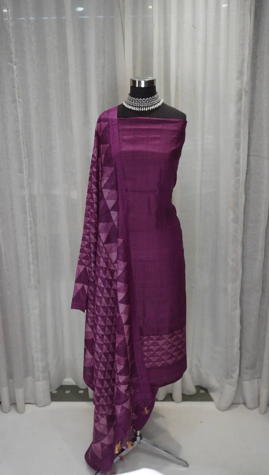 Royal Purple Tussar Silk Dupatta with Block Prints & Thread Work