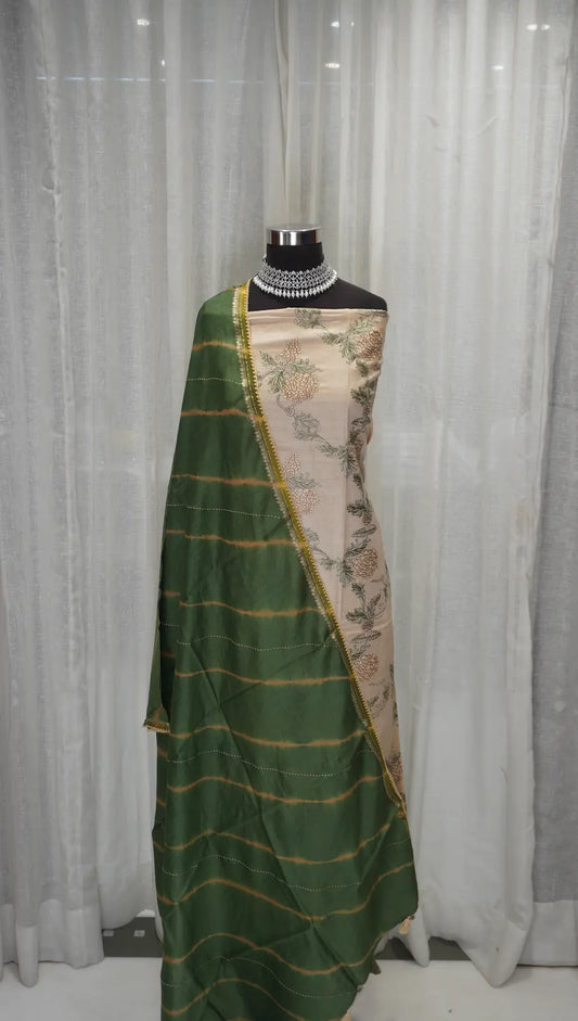 Beige Bloom Tussar Silk Leheriya Dupatta with Thread Work