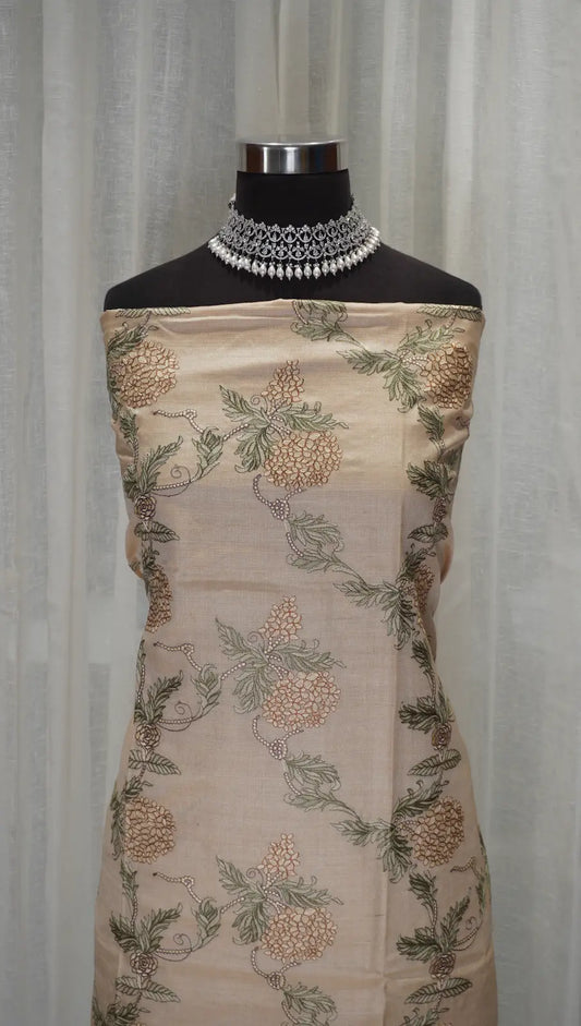 Beige Bloom Tussar Silk Leheriya Dupatta with Thread Work