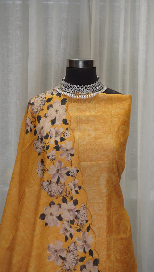 Yellow Tussar Silk Dupatta with Digital Print & Thread Work