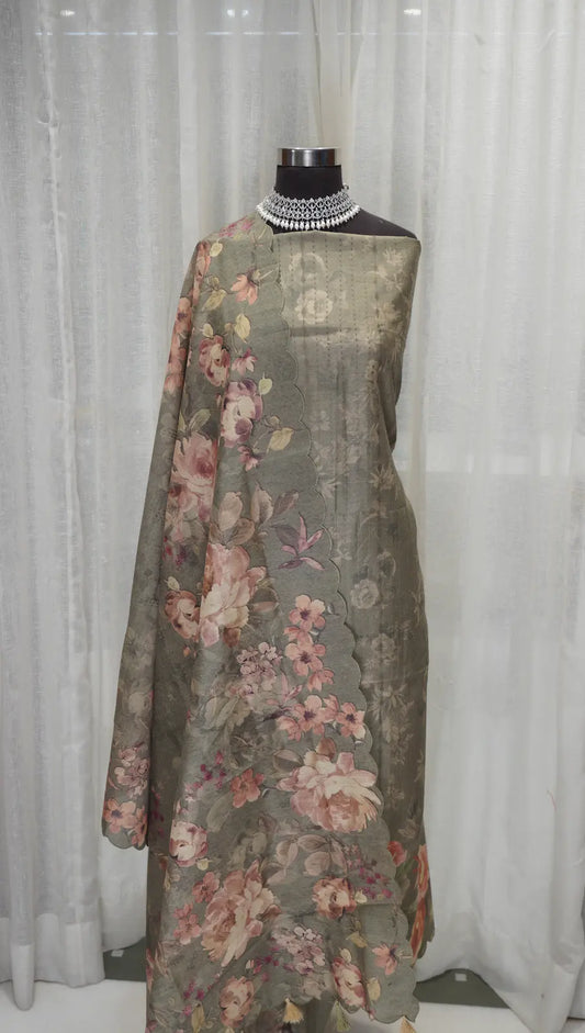 Olive Bloom Tussar Silk Dupatta with Digital Floral Print & Thread Work
