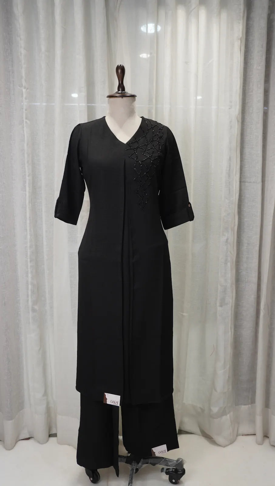 Classic Black Linen Kurta Set with Neck Work