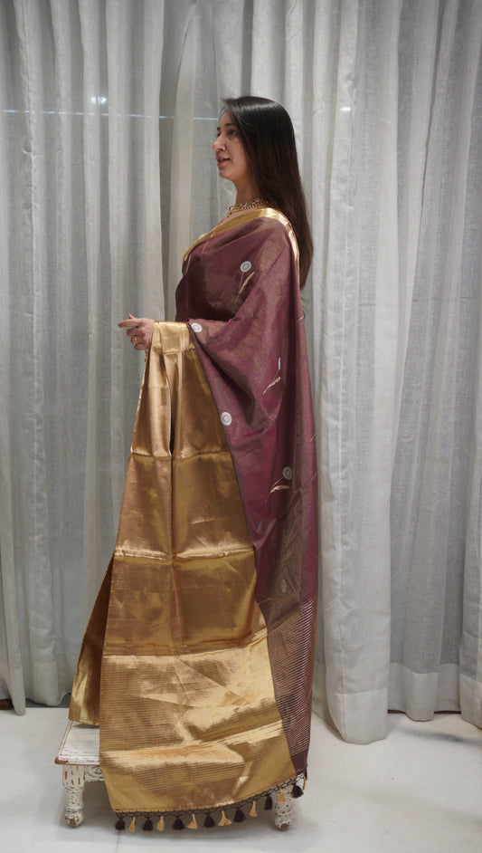 Royal Wine Tissue Silk Saree with Heavy Zari Border & Tassels