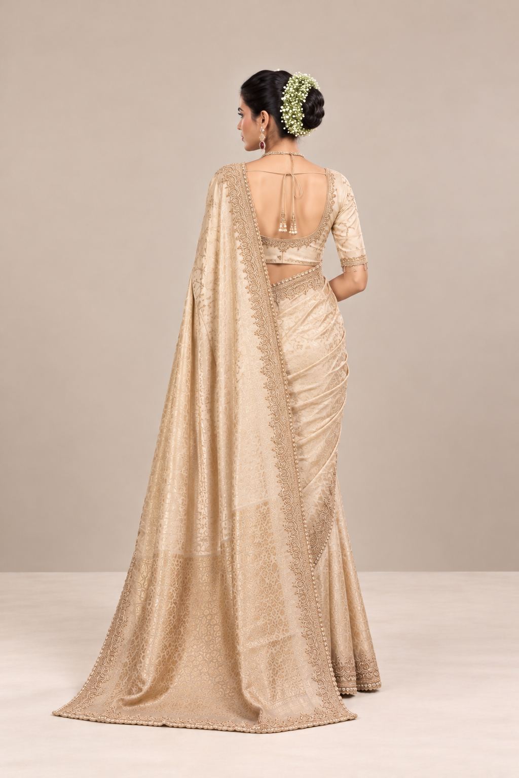 Champagne Beige Floral Woven Silk Saree with Embellished Zari Border