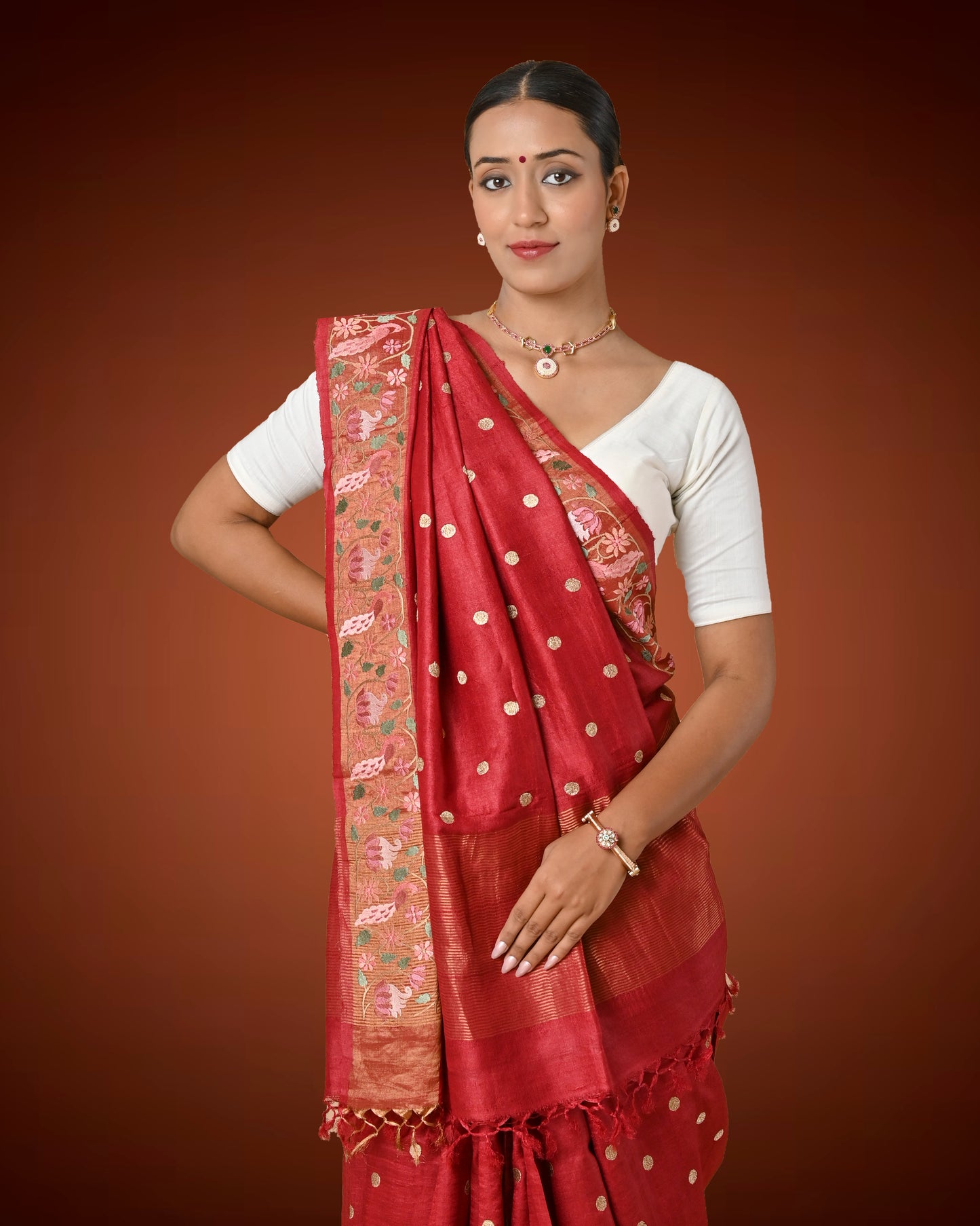Elegant Maroon Tassar Silk Saree with Resham Embroidery & White Blouse