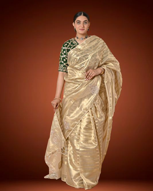 Gold Tissue Silk Saree with Jardosi and Diamond Embellishment & Green Embroidered Blouse