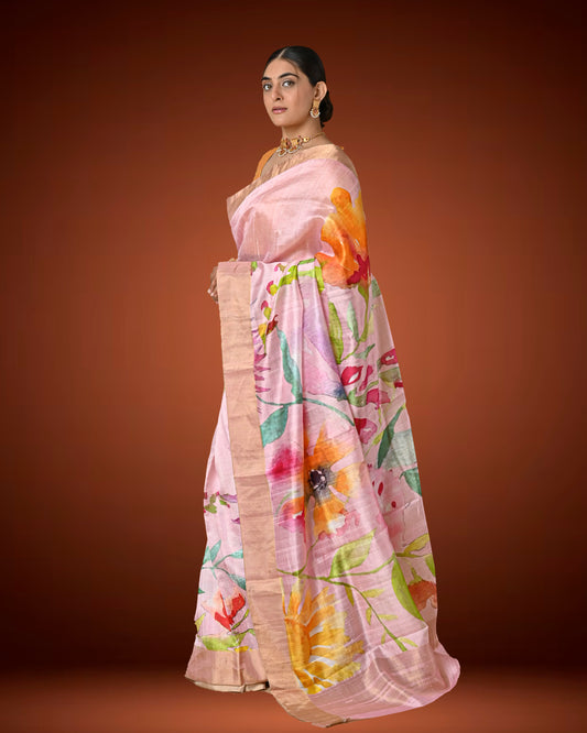 Pastel Pink Raw Silk Printed Saree with Bold Floral Motifs