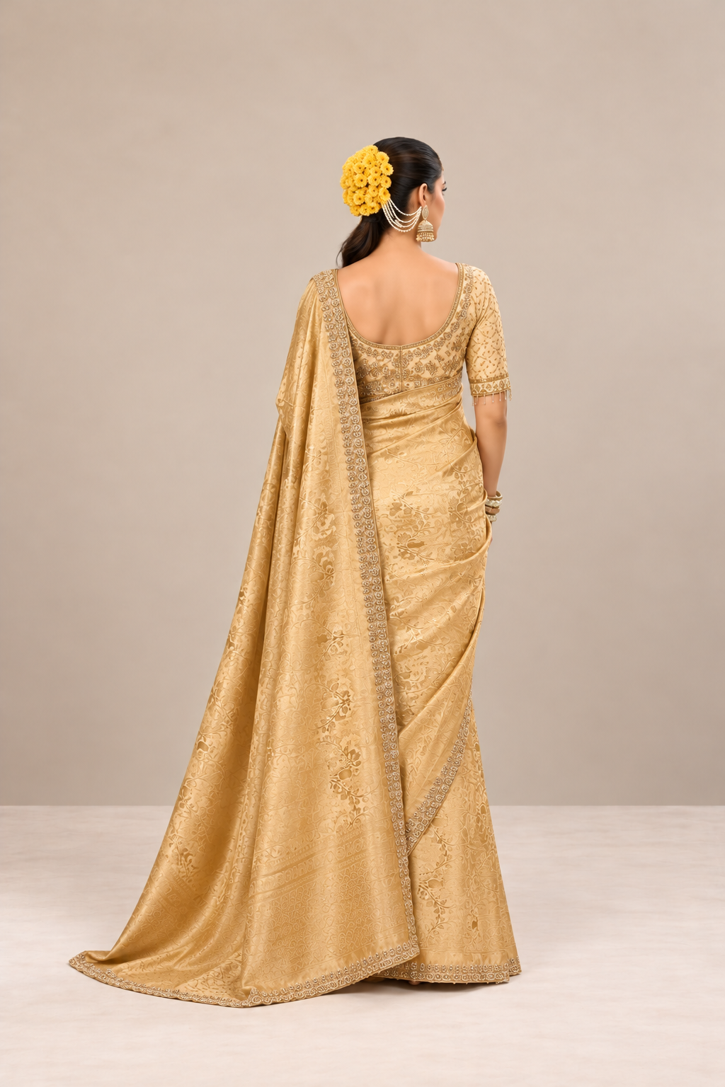 Champagne Gold Floral Woven Silk Saree with Embellished Border
