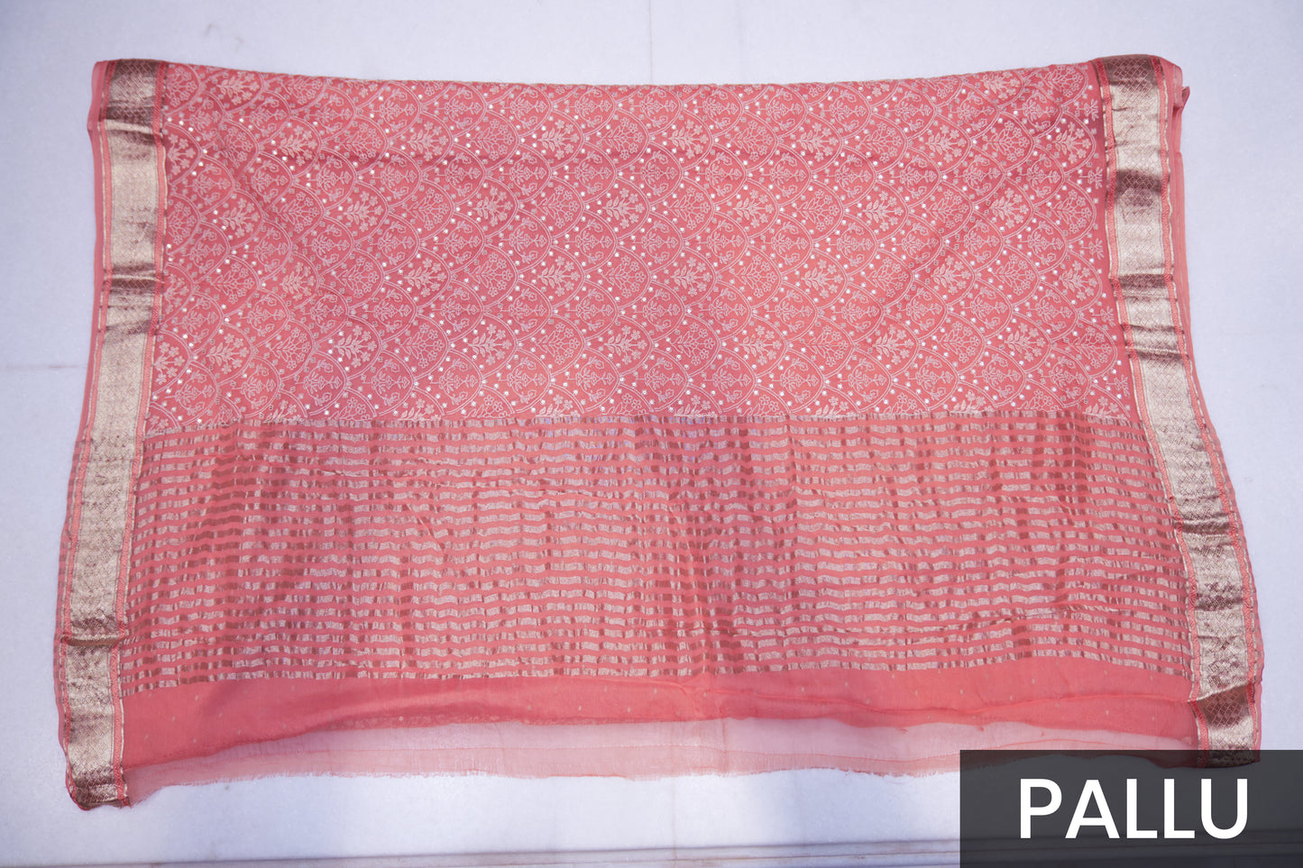 Graceful Peach Chiffon Saree with Resham Thread Embroidery & Golden Zari Border