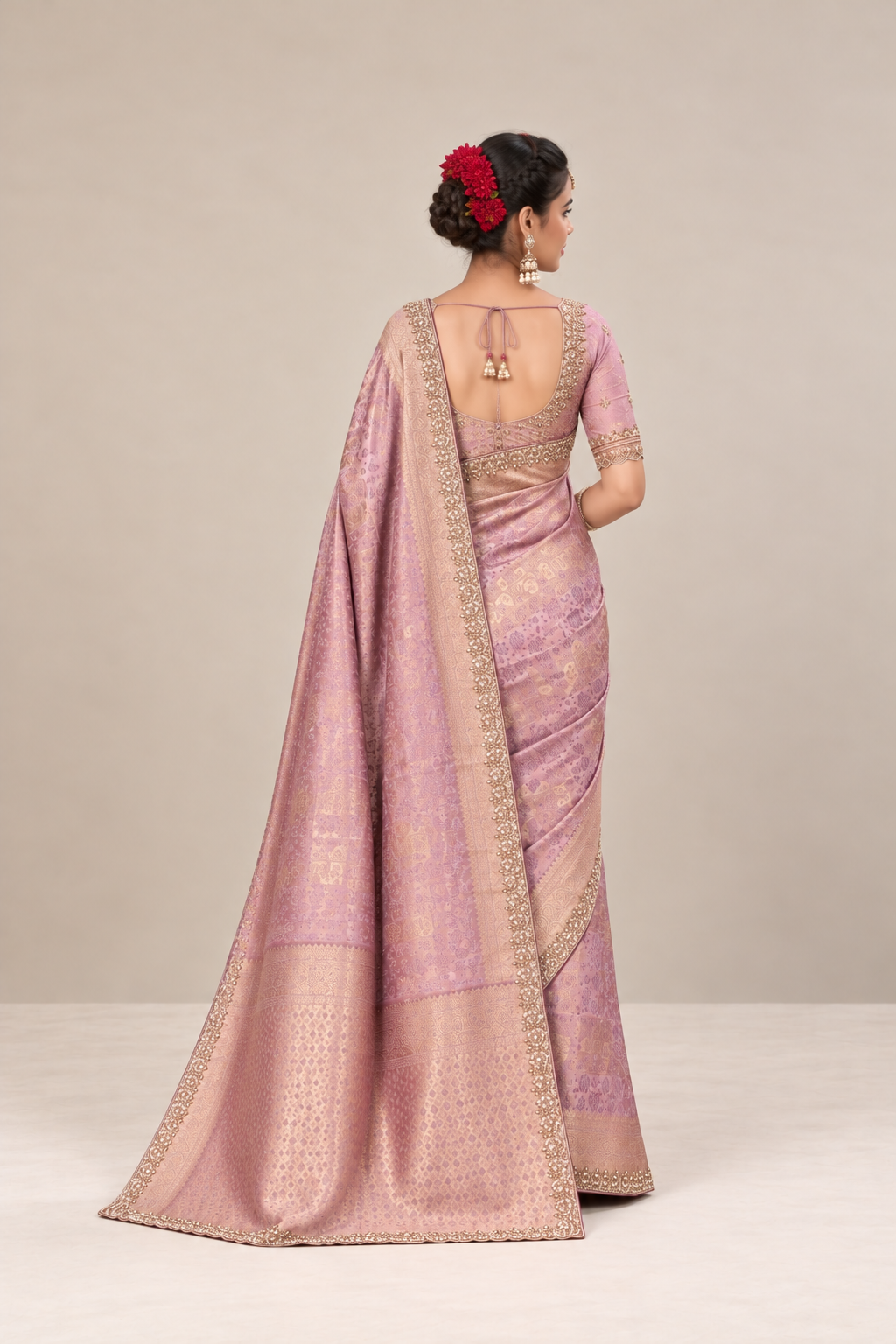 Lavender Pink Floral Woven Silk Saree with Gold Zari Border