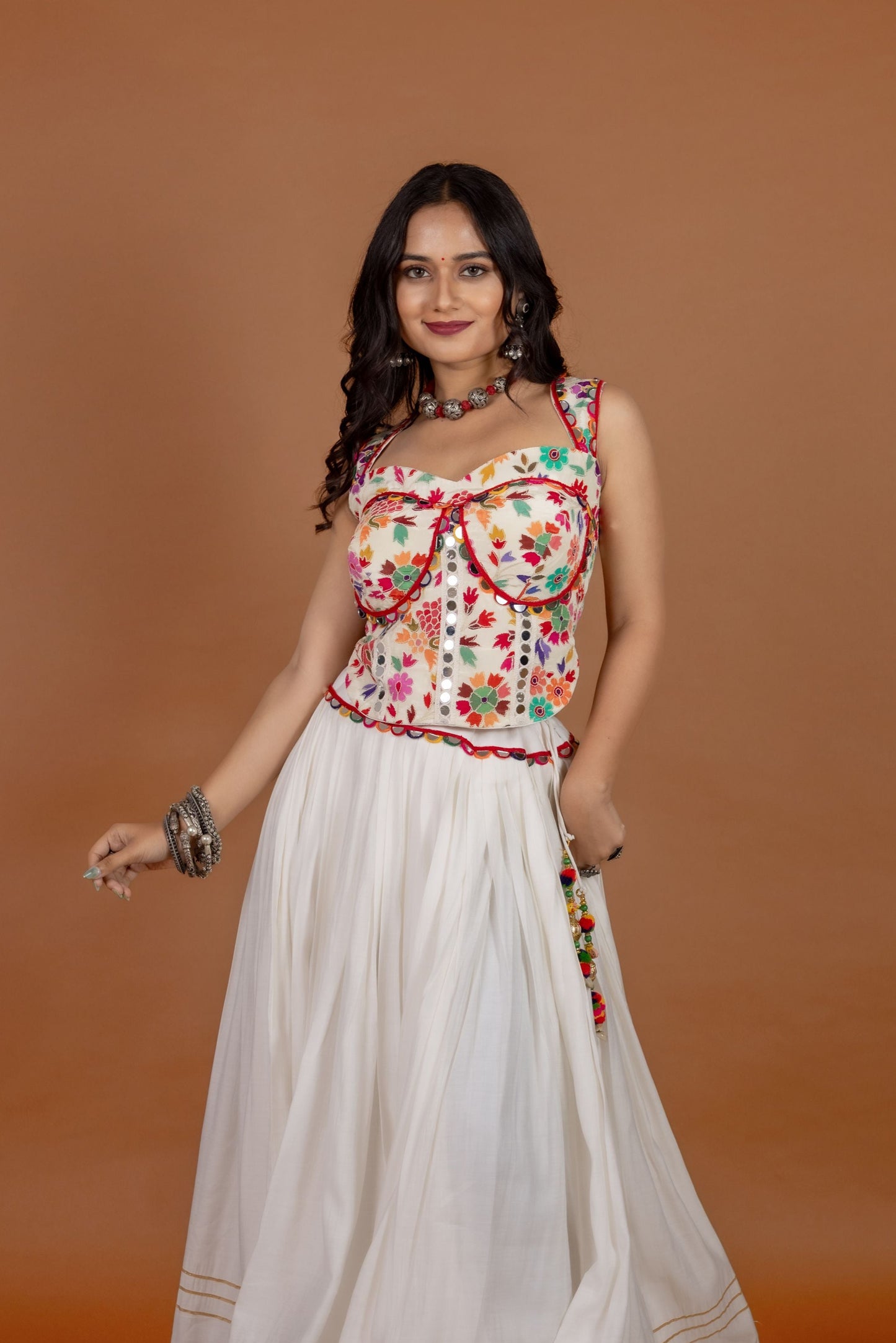 Festive White Chaniya Choli Set with Traditional Kachi Embroidery & Mirror Border