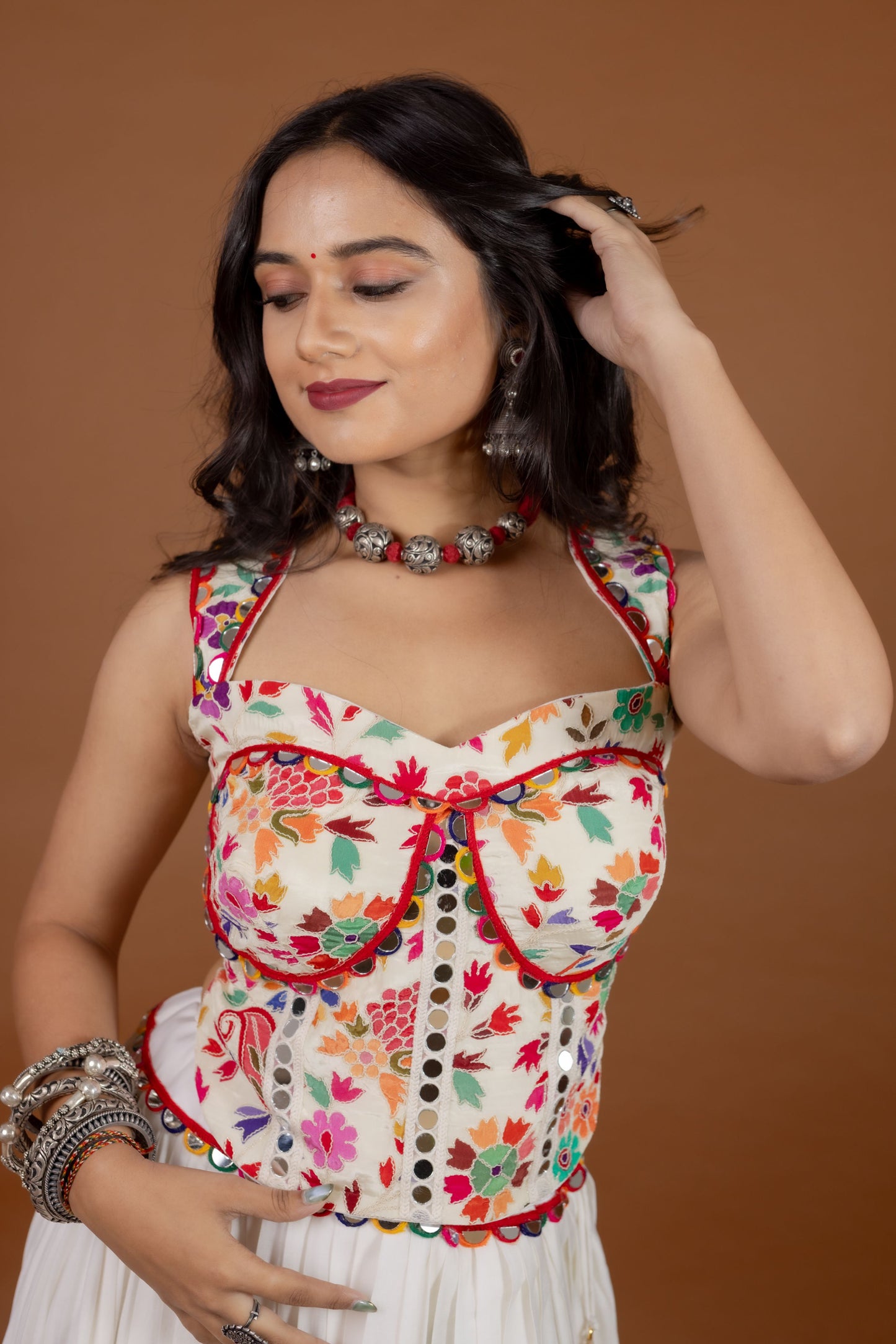Festive White Chaniya Choli Set with Traditional Kachi Embroidery & Mirror Border