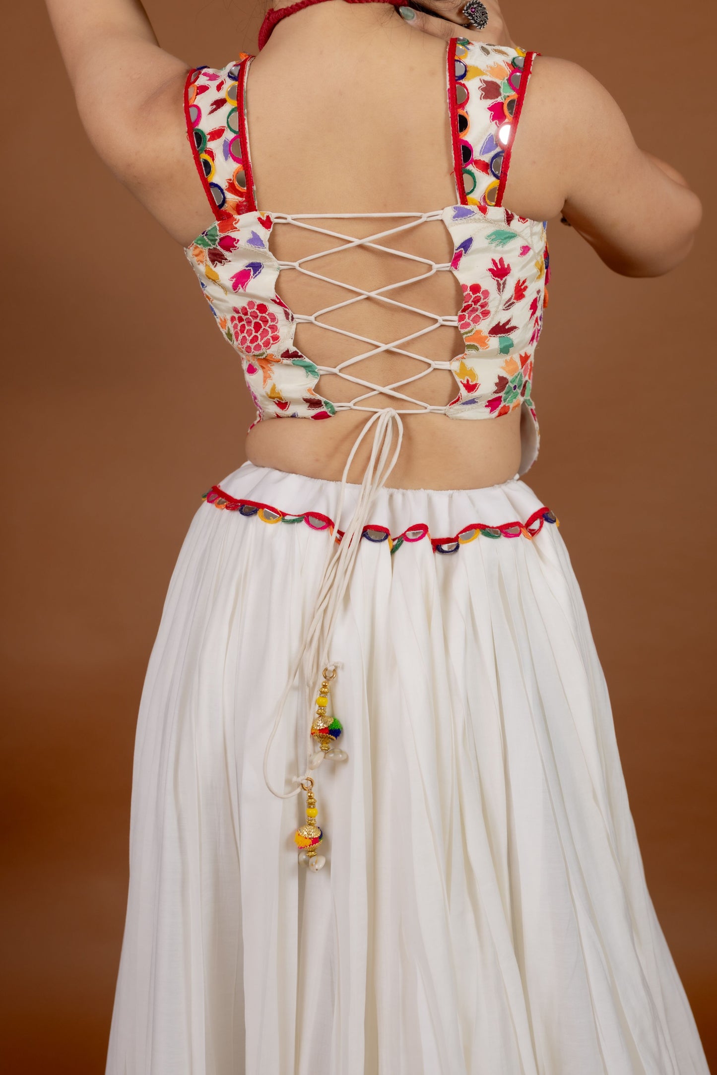 Festive White Chaniya Choli Set with Traditional Kachi Embroidery & Mirror Border
