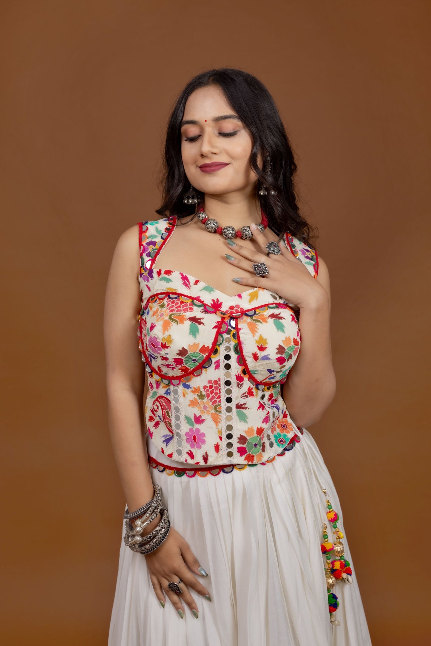 Festive White Chaniya Choli Set with Traditional Kachi Embroidery & Mirror Border