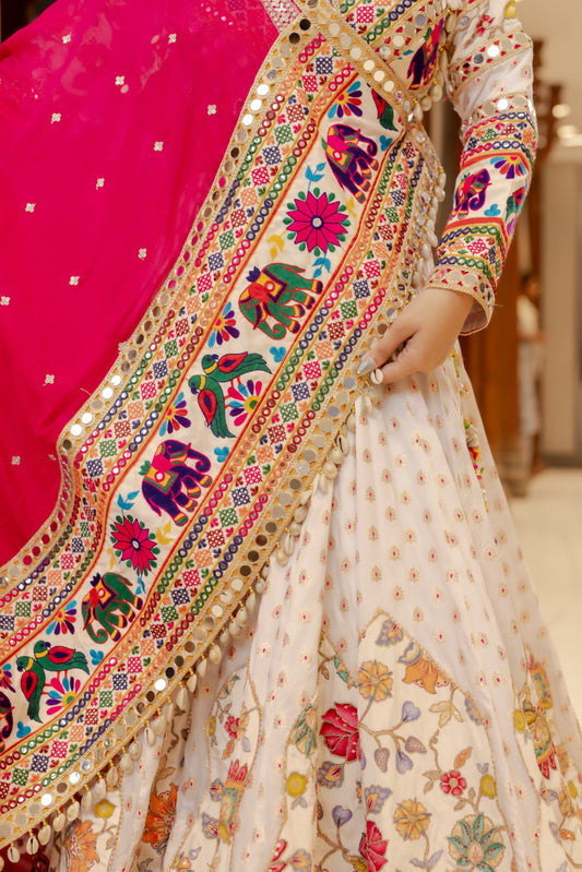White Resham Lehenga with Darbari Elephant Border & Rani Dupatta
