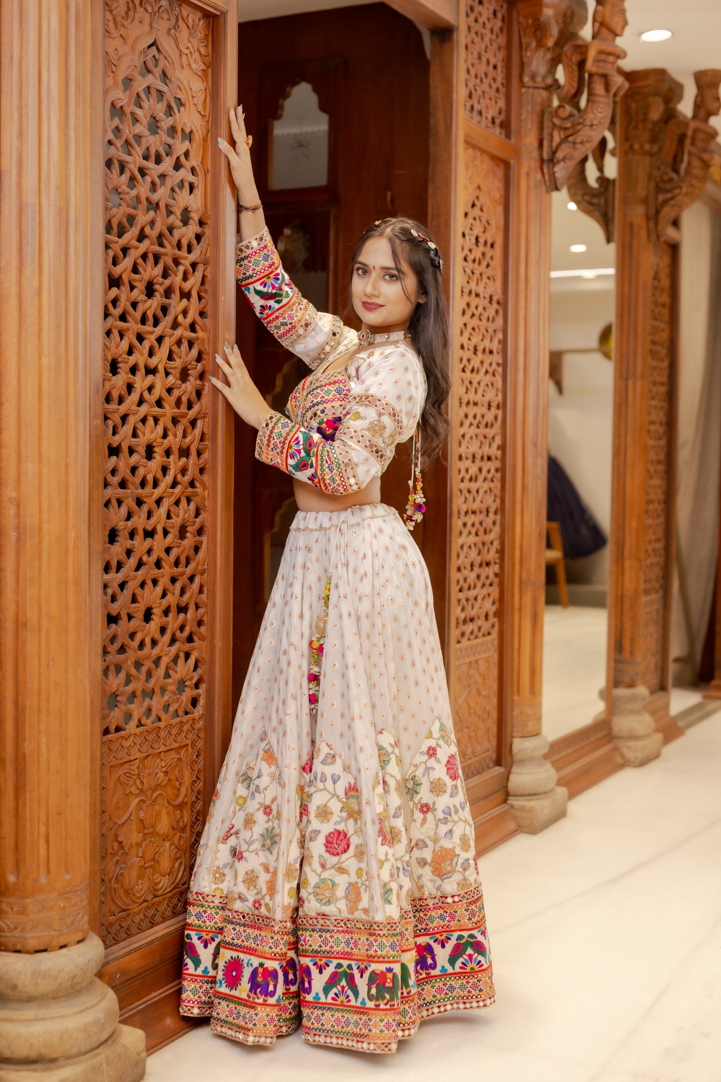 White Resham Lehenga with Darbari Elephant Border & Rani Dupatta