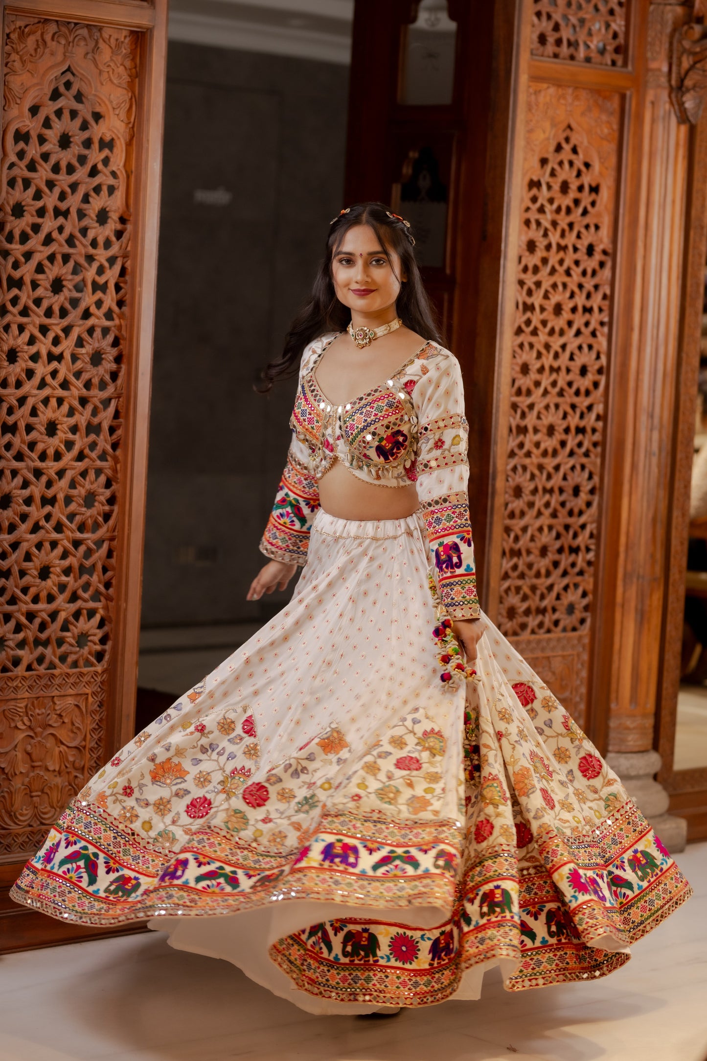 White Resham Lehenga with Darbari Elephant Border & Rani Dupatta