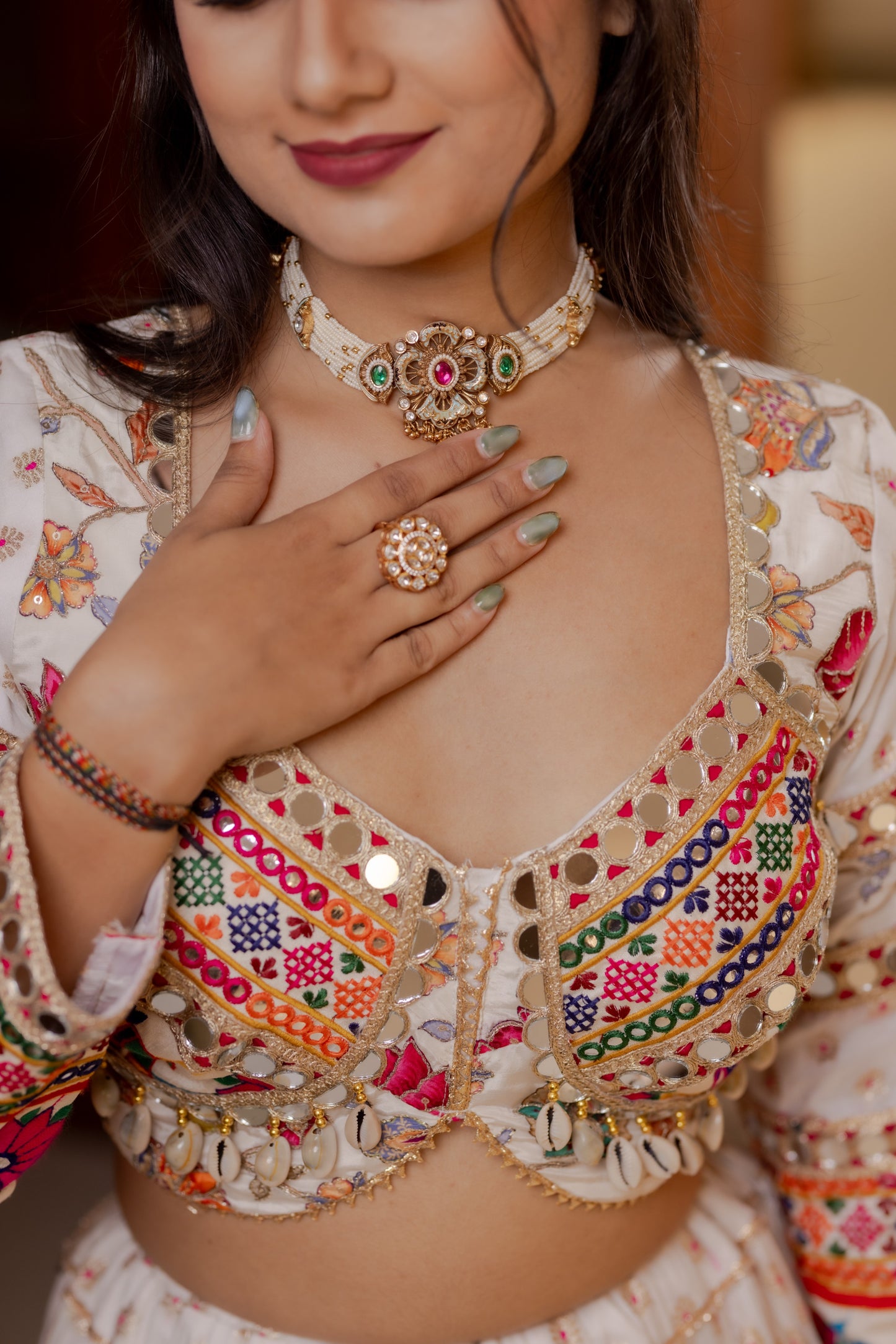 White Resham Lehenga with Darbari Elephant Border & Rani Dupatta