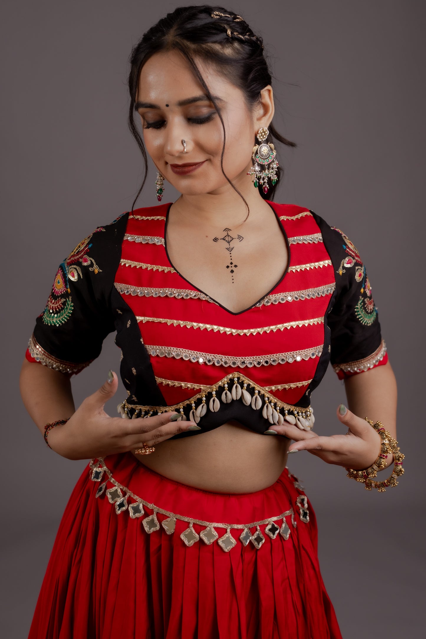 Meghnatha Red & Black Heritage Chaniya Choli with Mirror Work Dupatta
