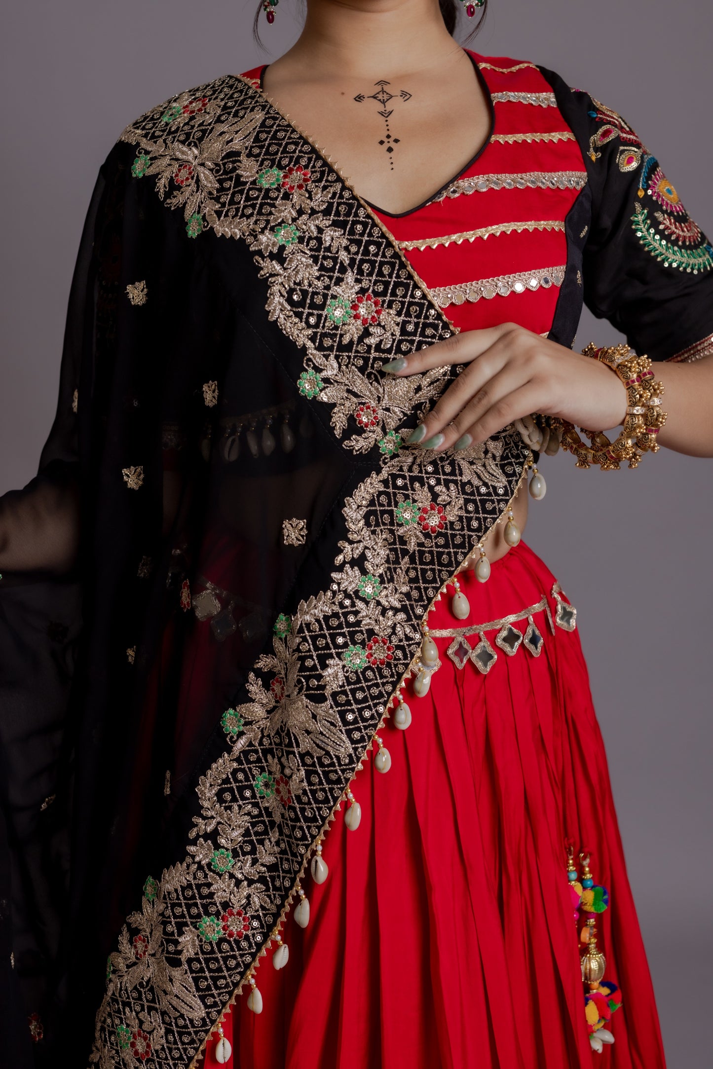 Meghnatha Red & Black Heritage Chaniya Choli with Mirror Work Dupatta
