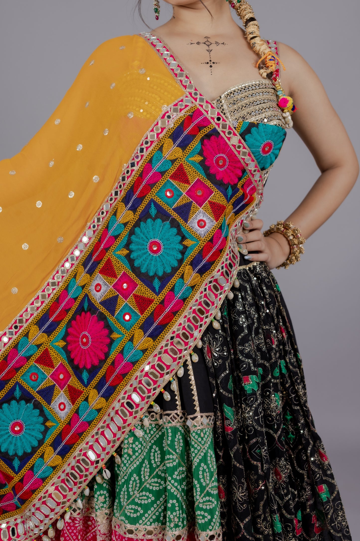 Chiffon Multicolor Kali Lehenga with Mirror Work Blouse & Abhla Border Dupatta