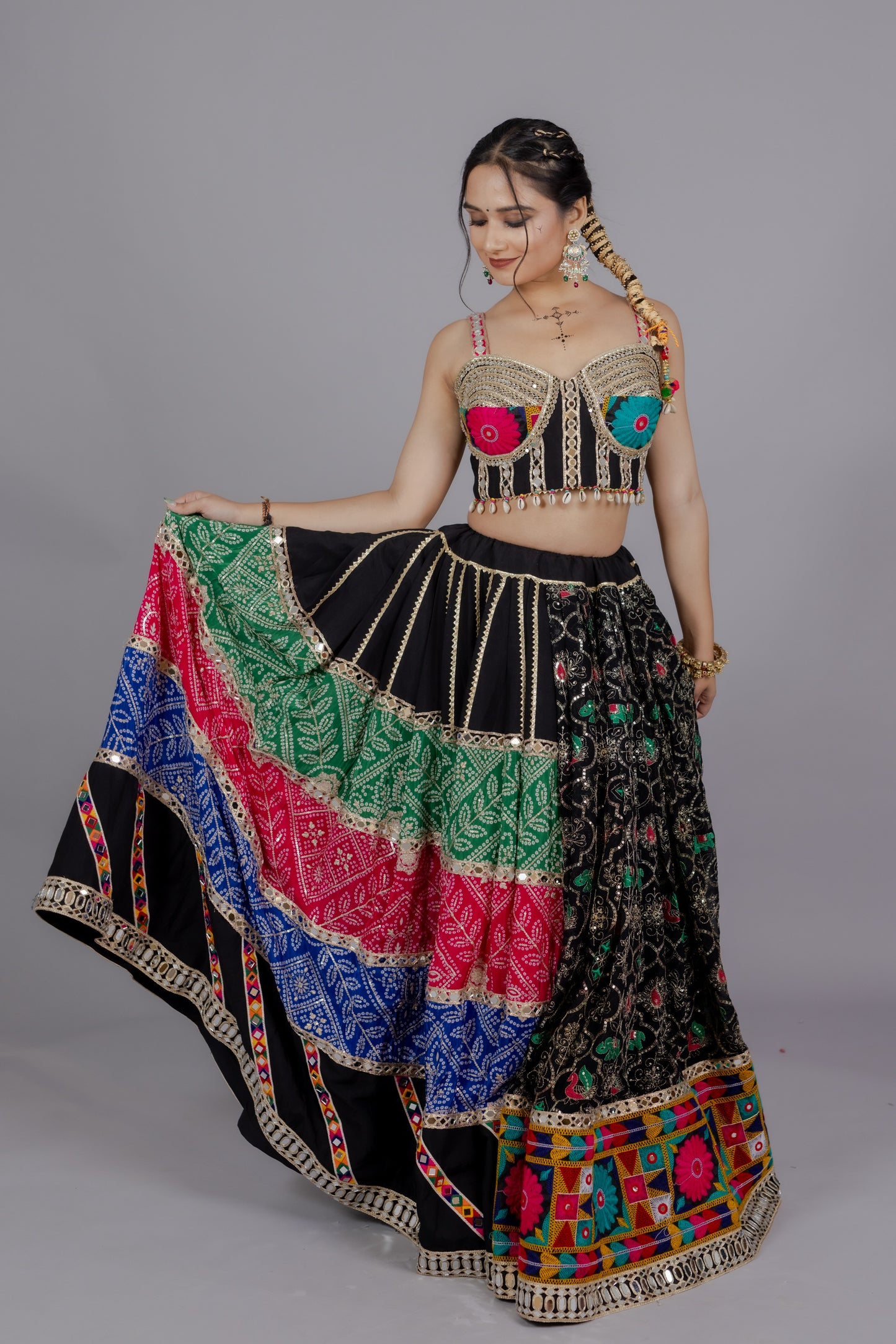 Chiffon Multicolor Kali Lehenga with Mirror Work Blouse & Abhla Border Dupatta