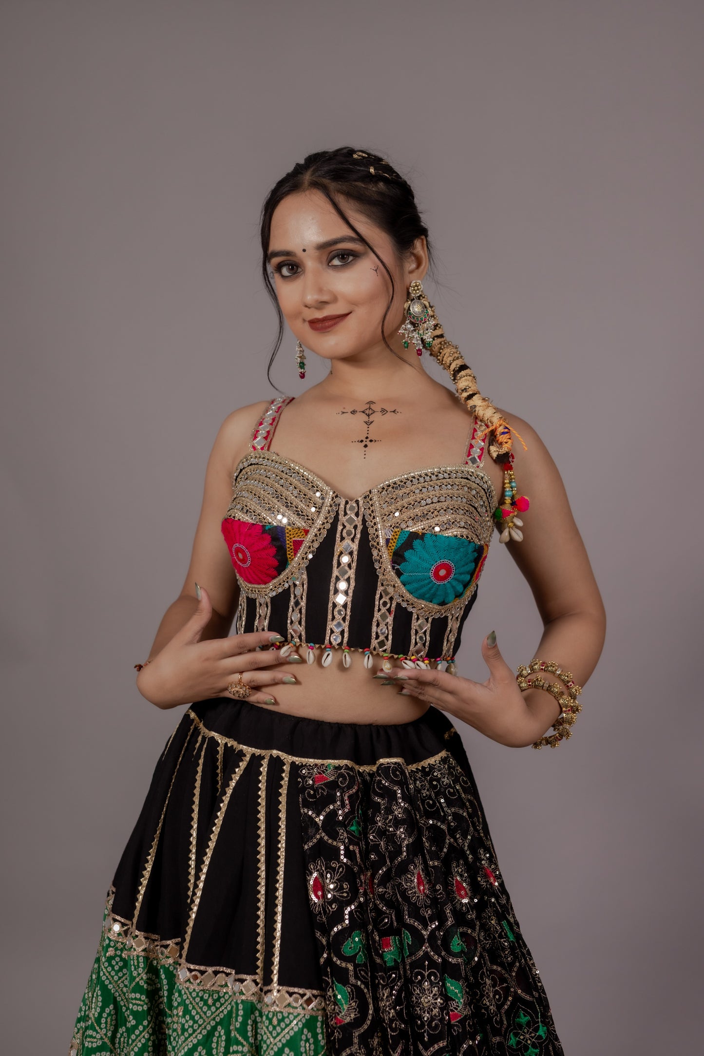 Chiffon Multicolor Kali Lehenga with Mirror Work Blouse & Abhla Border Dupatta