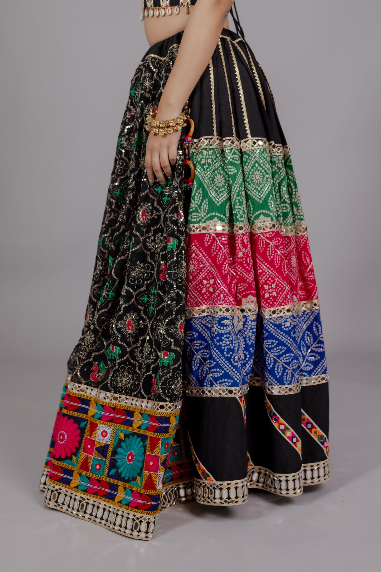 Chiffon Multicolor Kali Lehenga with Mirror Work Blouse & Abhla Border Dupatta