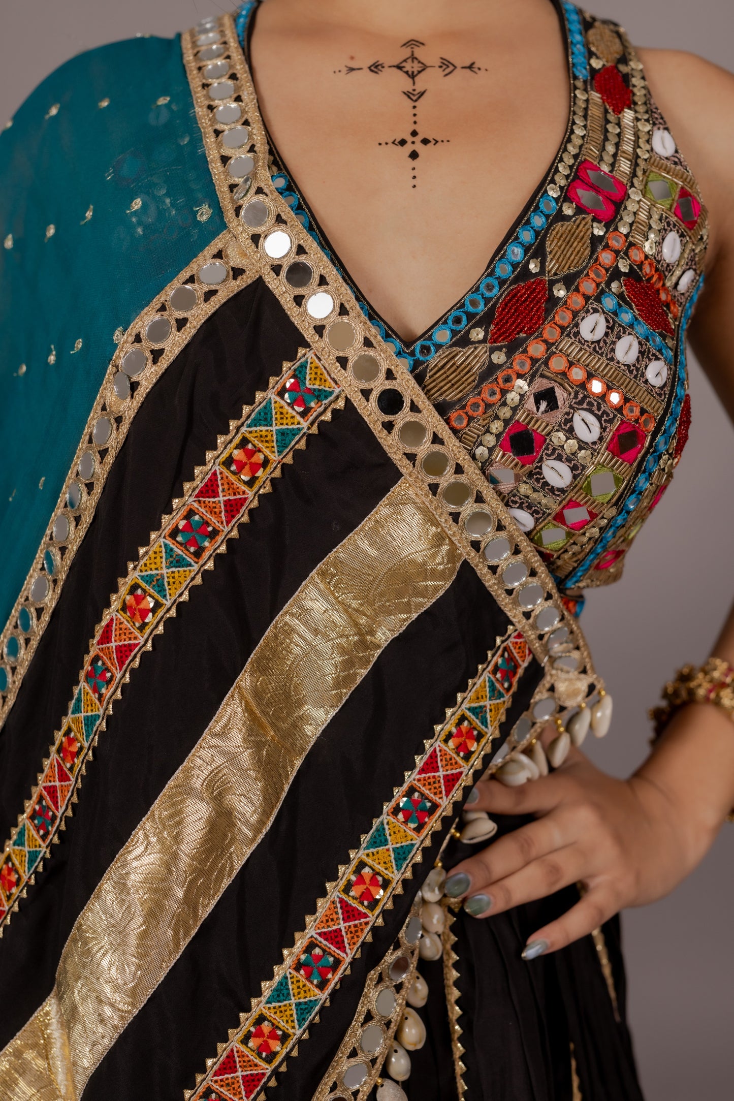Regal Rutu Black Chaniya Choli with Multicolor Patchwork & Teal Dupatta