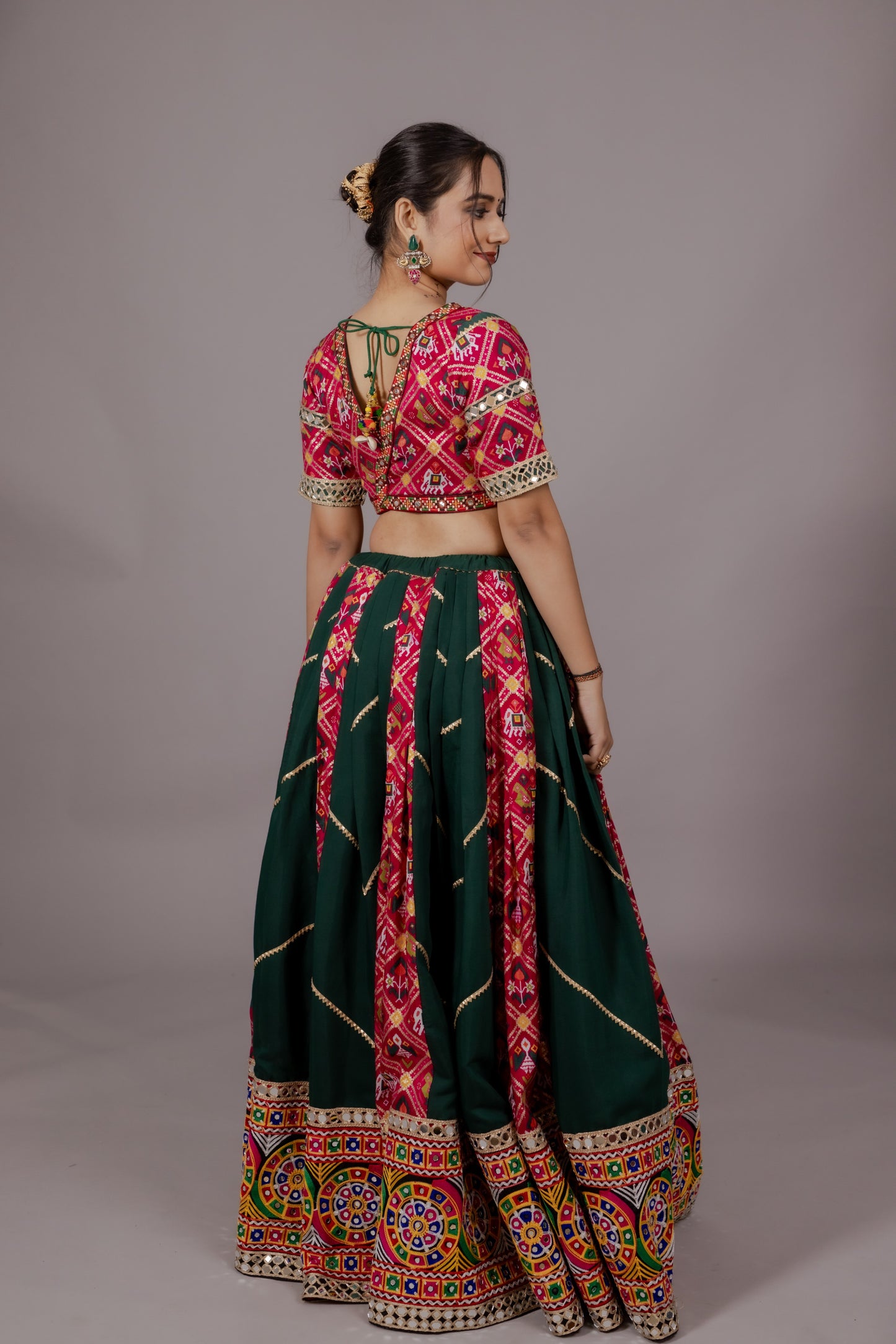 Dark Green Patola Chaniya Choli with Heritage Mirror Work & Mustard Dupatta