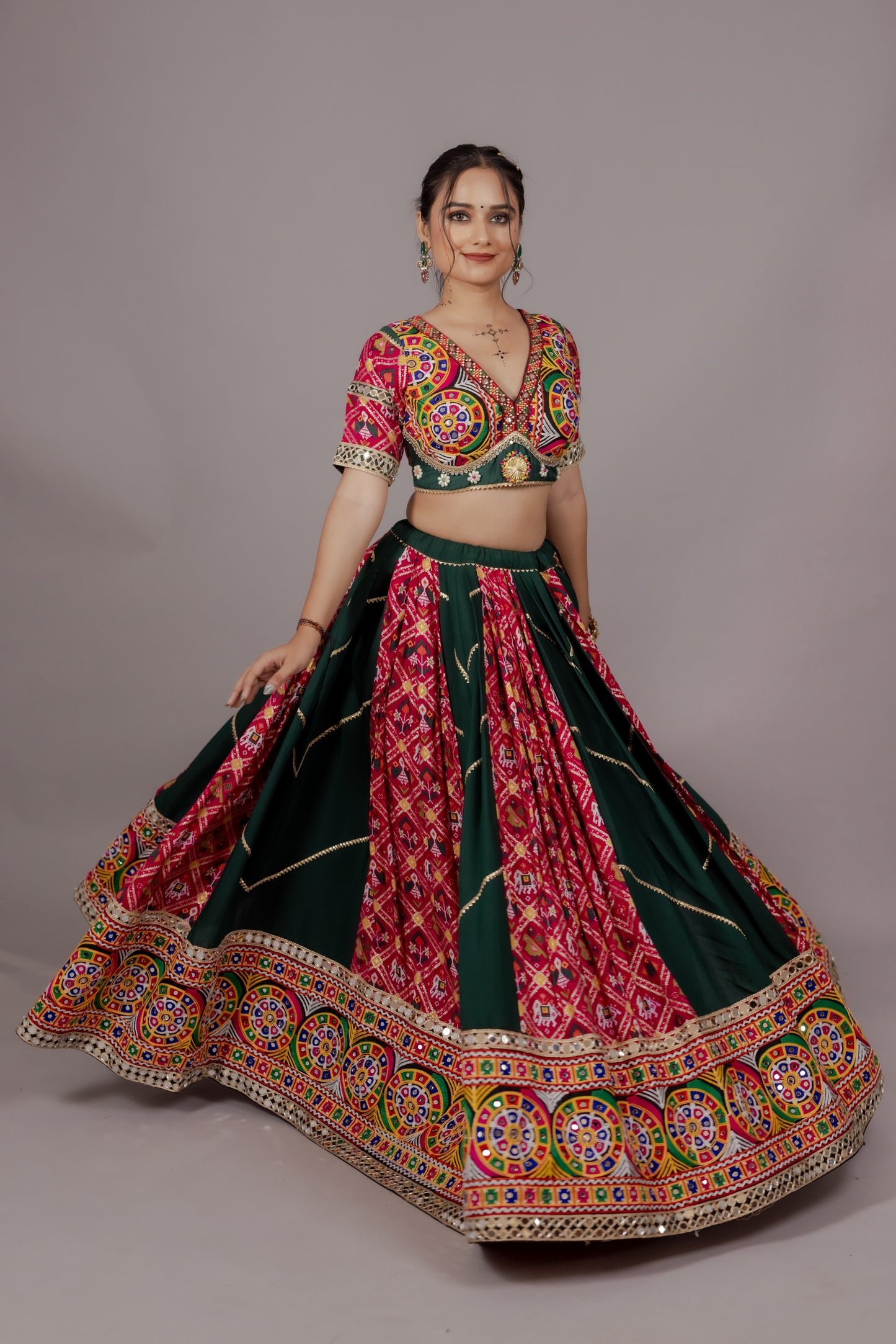 Dark Green Patola Chaniya Choli with Heritage Mirror Work & Mustard Dupatta