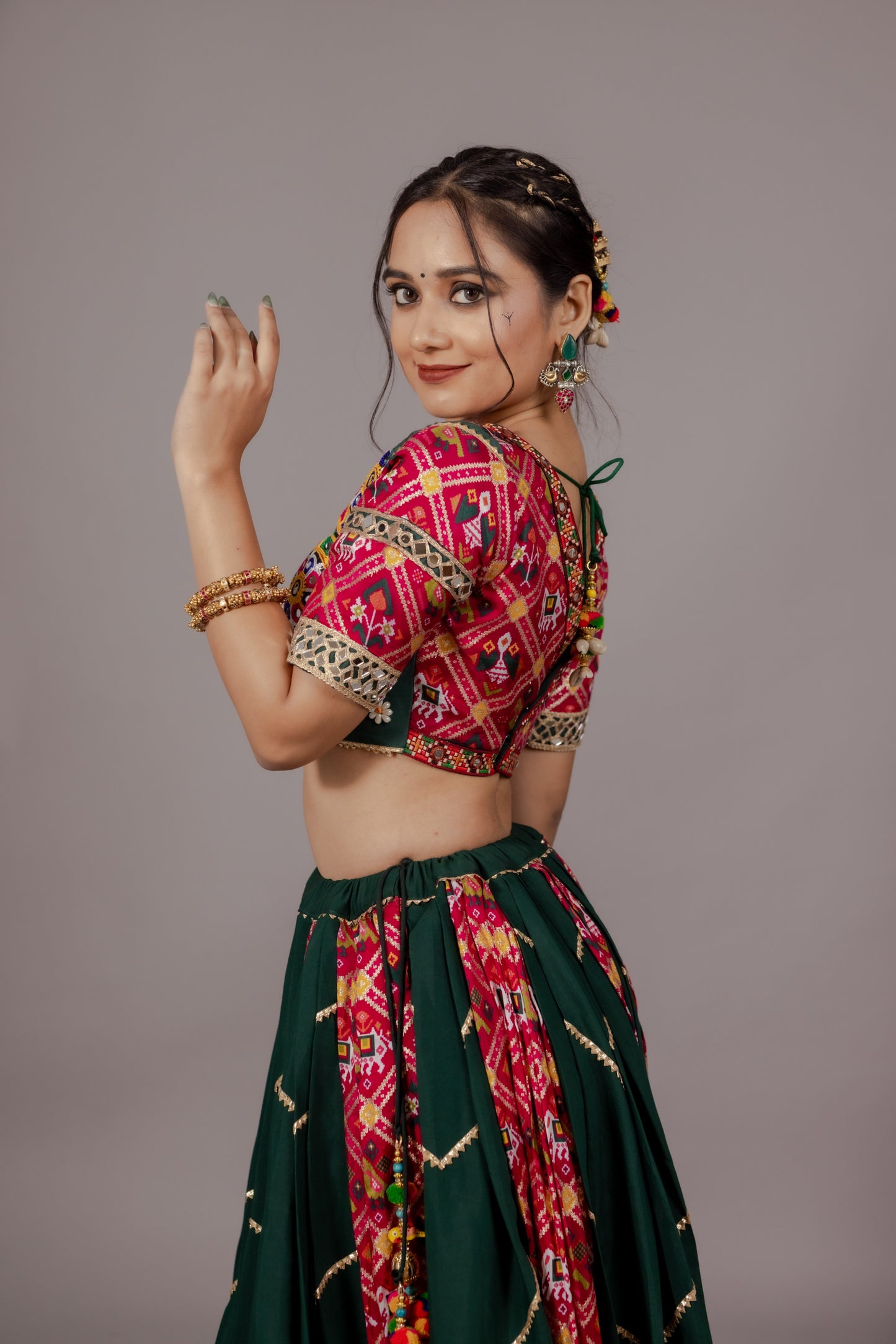 Dark Green Patola Chaniya Choli with Heritage Mirror Work & Mustard Dupatta