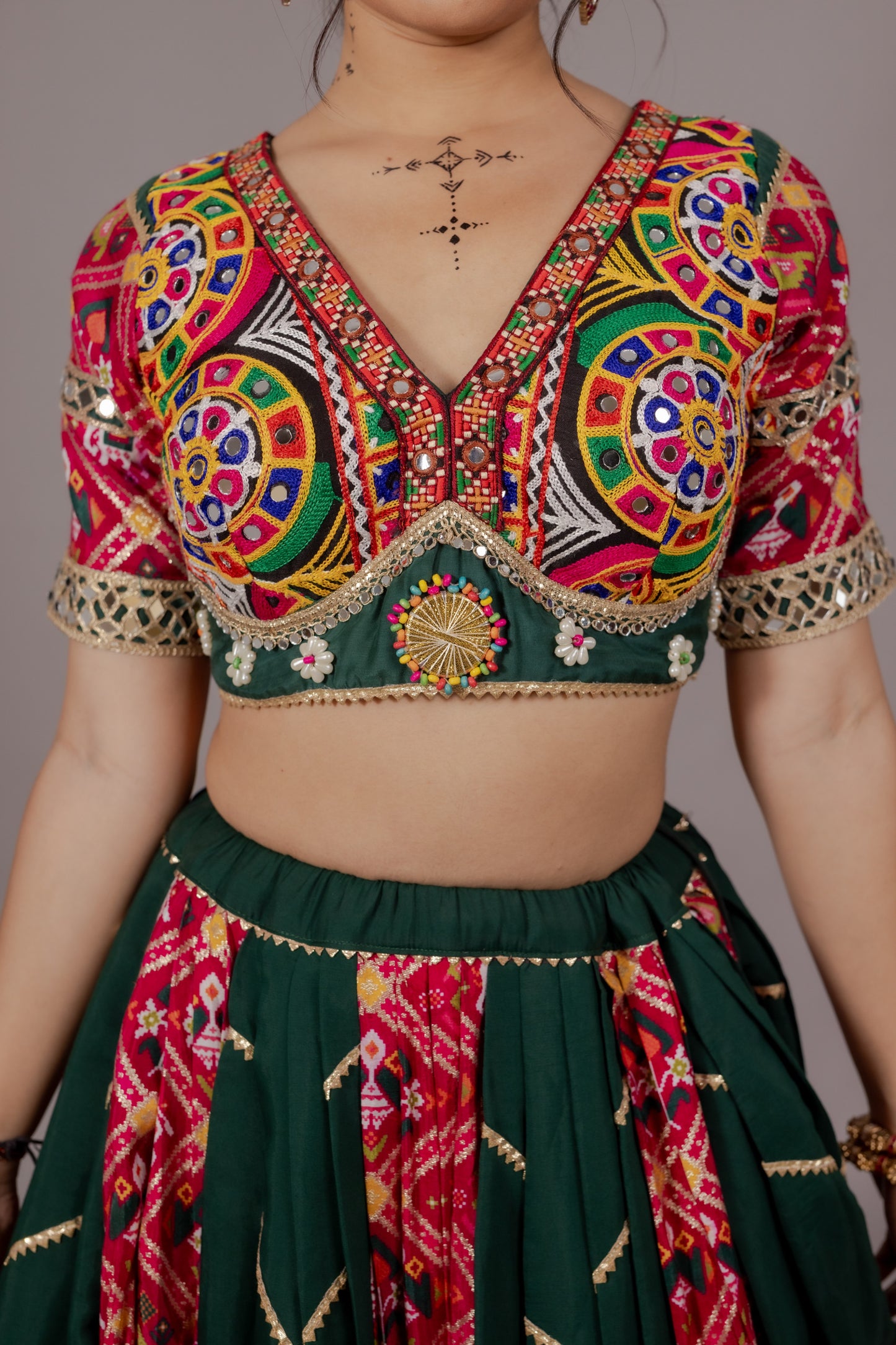 Dark Green Patola Chaniya Choli with Heritage Mirror Work & Mustard Dupatta