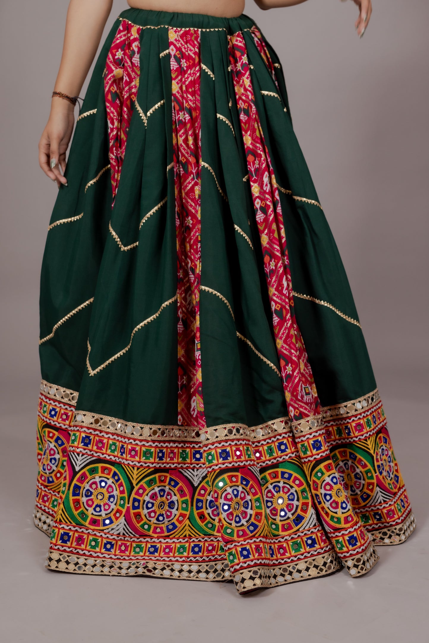 Dark Green Patola Chaniya Choli with Heritage Mirror Work & Mustard Dupatta
