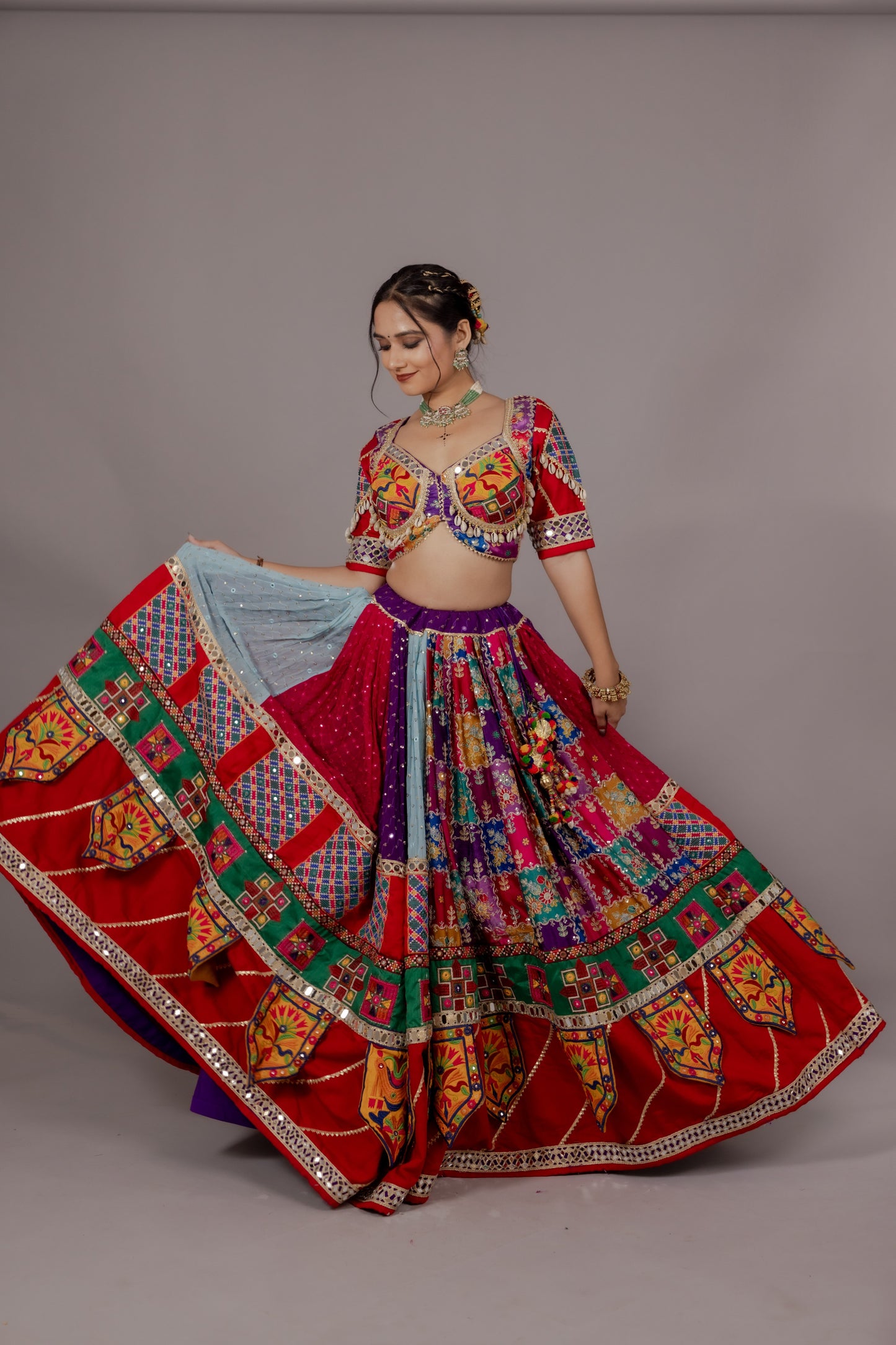 Multicolor Chiffon Chaniya Choli with Toran Border, Kachhi Work Blouse & Abhla Dupatta